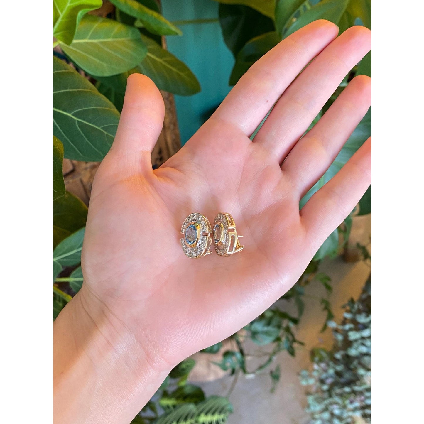 Vintage Solid 14k Yellow Gold Diamond Halo Topaz Drop Earrings