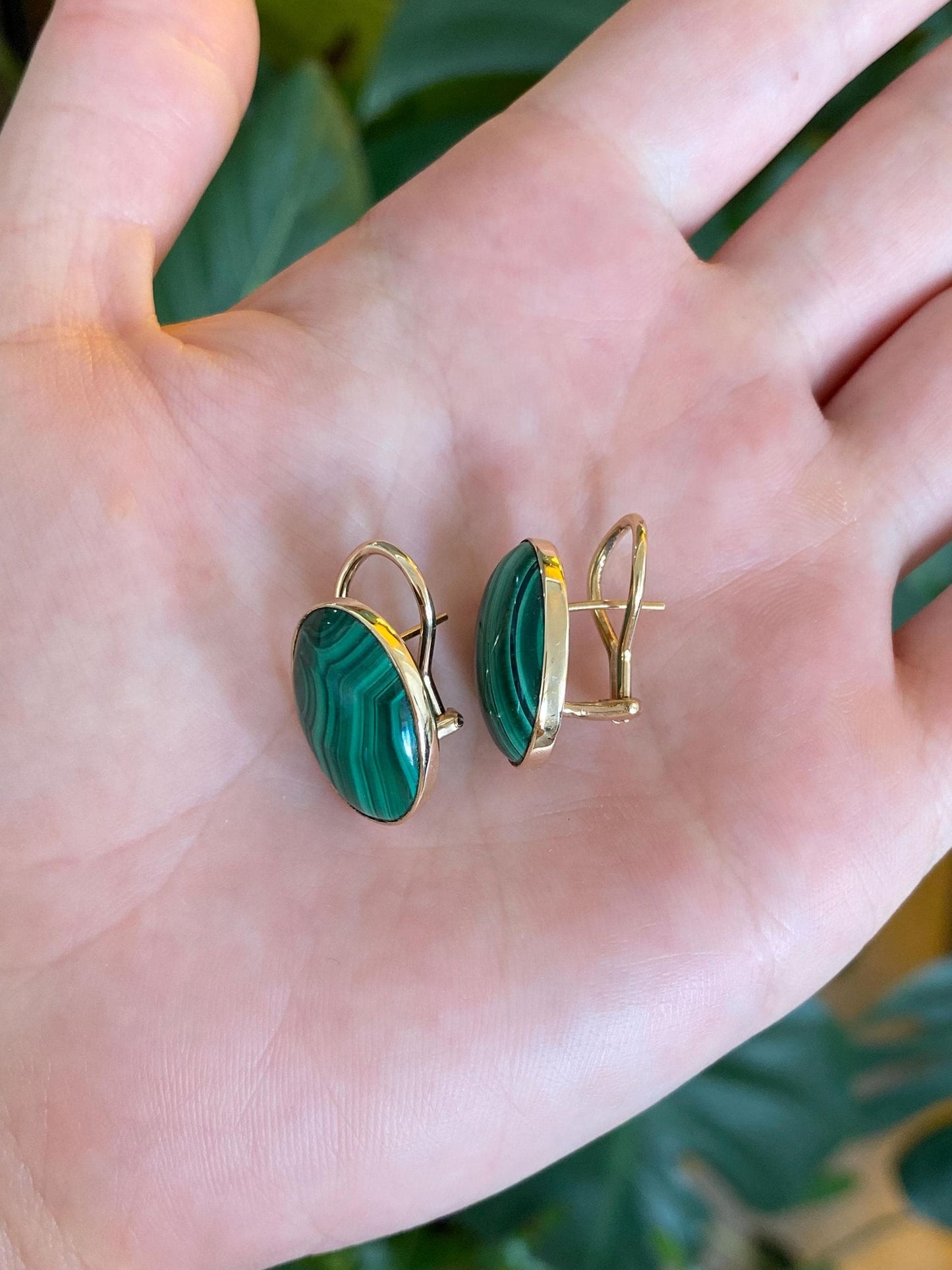 Vintage Solid 14k Yellow Gold Malachite Drop Earrings