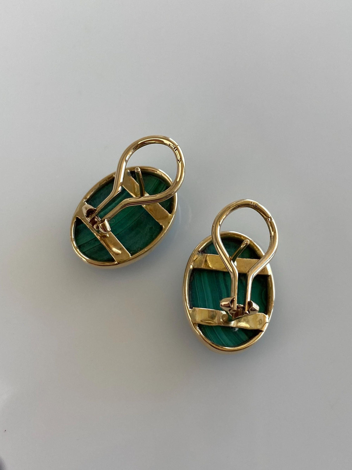 Vintage Solid 14k Yellow Gold Malachite Drop Earrings