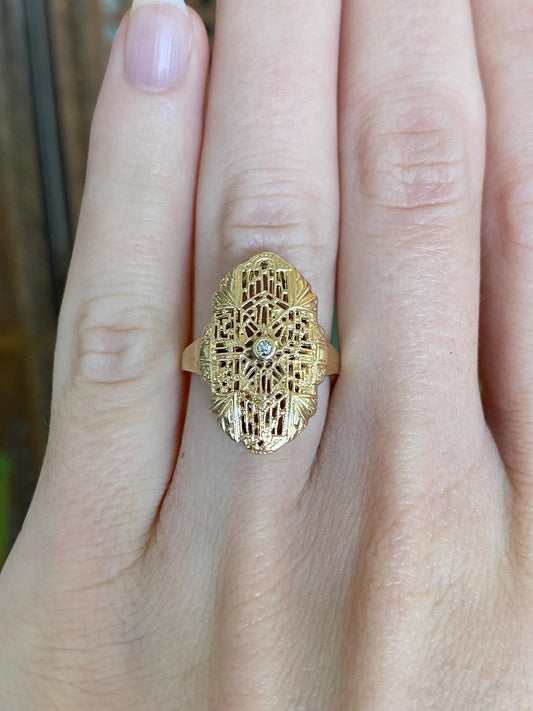 Vintage Solid 14k Yellow Gold Diamond Art Deco Ring - Size 5.25