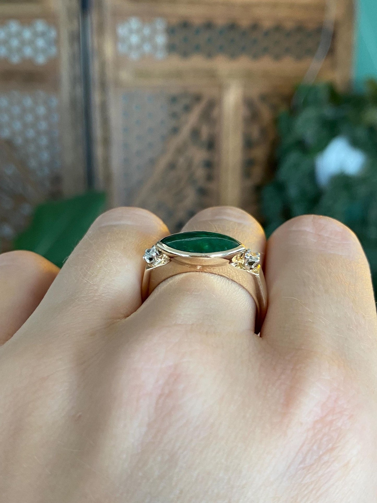 Vintage Solid 14k Yellow Gold Marquis Jade Diamond Ring - Size 7.25