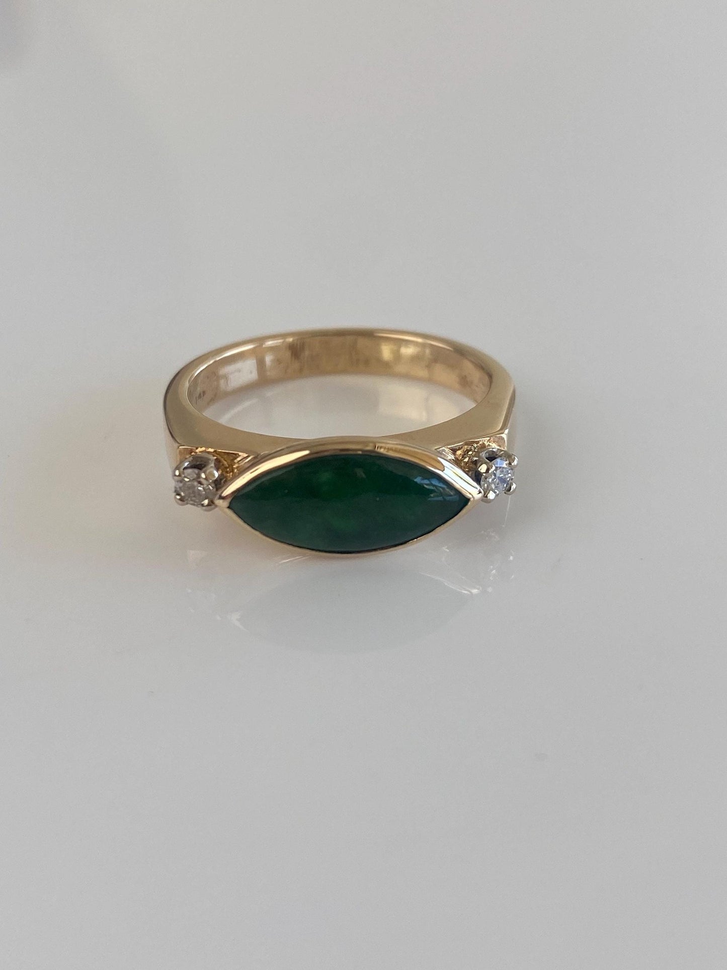 Vintage Solid 14k Yellow Gold Marquis Jade Diamond Ring - Size 7.25