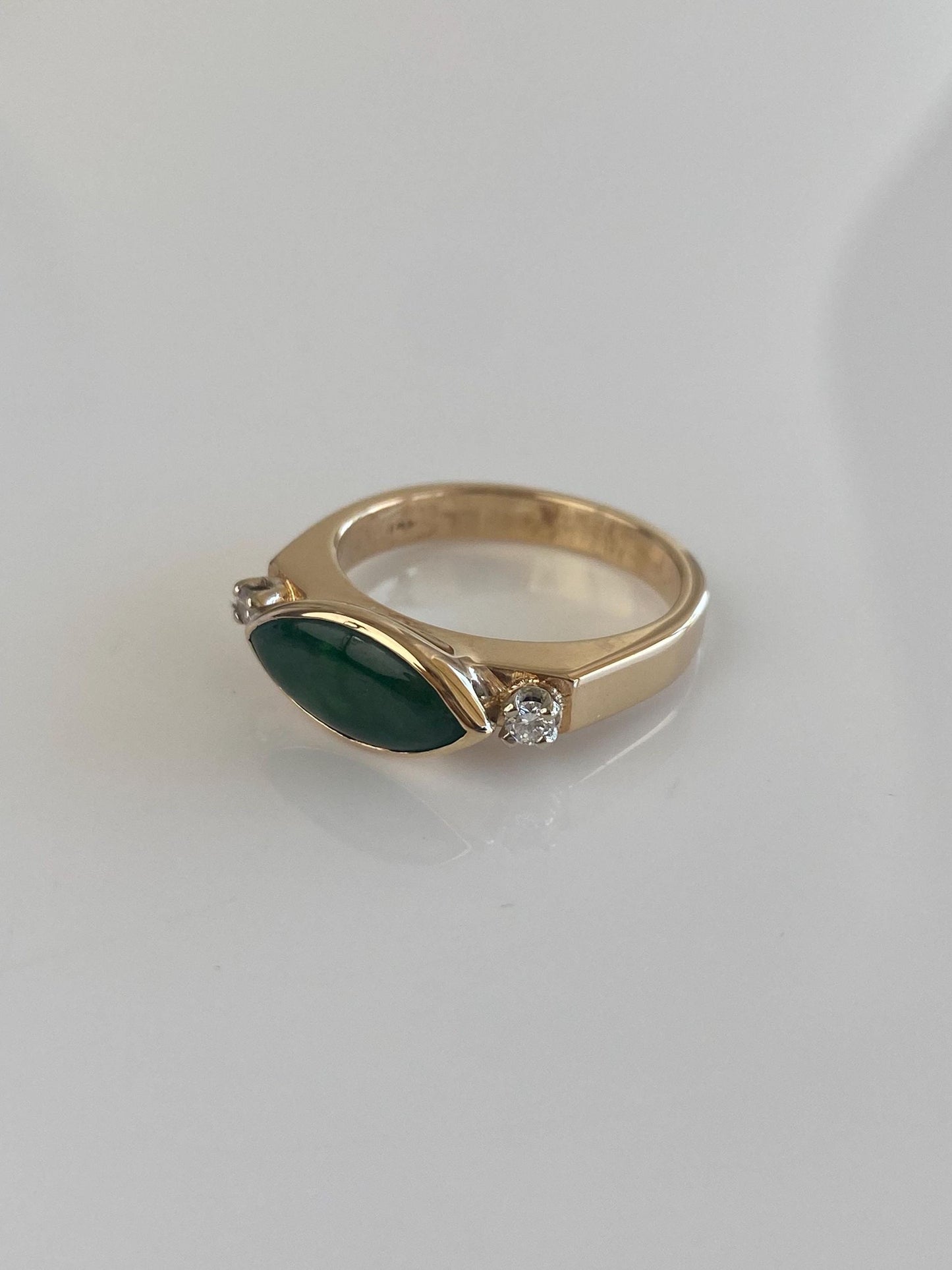 Vintage Solid 14k Yellow Gold Marquis Jade Diamond Ring - Size 7.25