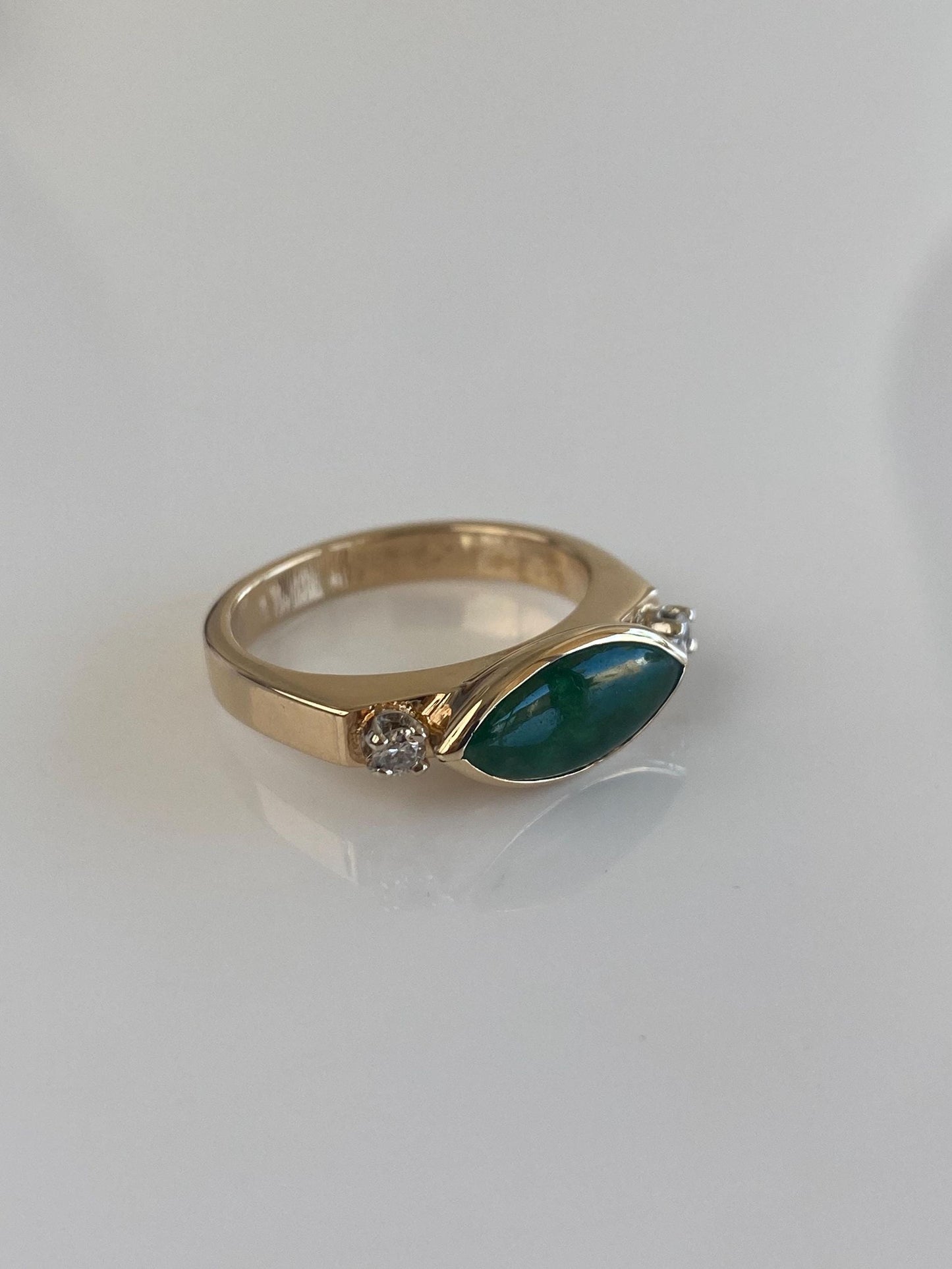 Vintage Solid 14k Yellow Gold Marquis Jade Diamond Ring - Size 7.25