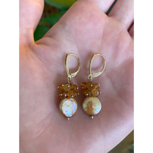 Vintage Solid 14k Yellow Gold Citrine Pink Pearl Dangle Earrings