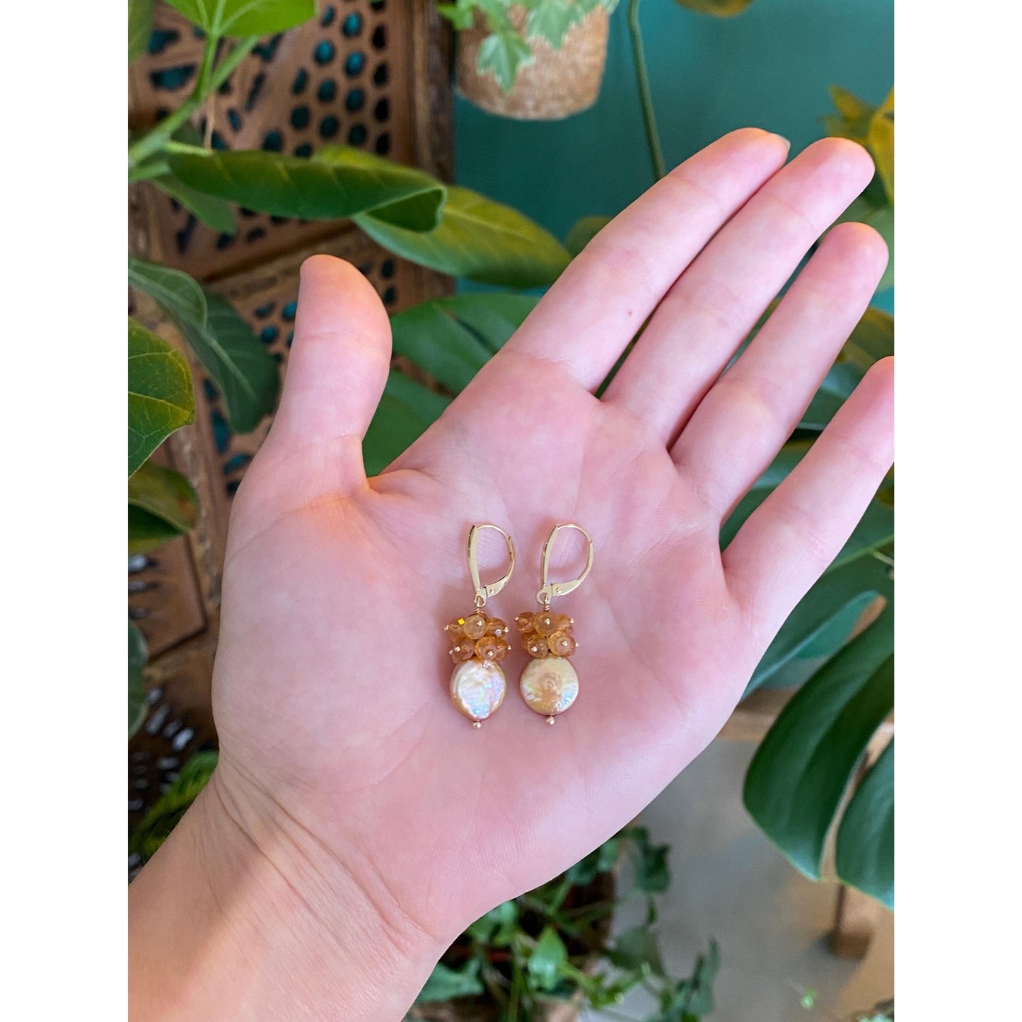 Vintage Solid 14k Yellow Gold Citrine Pink Pearl Dangle Earrings