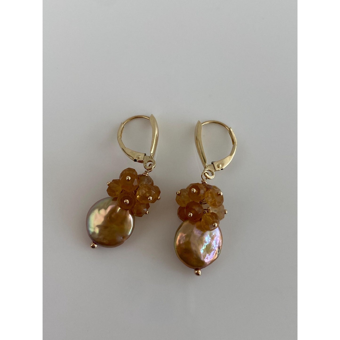 Vintage Solid 14k Yellow Gold Citrine Pink Pearl Dangle Earrings