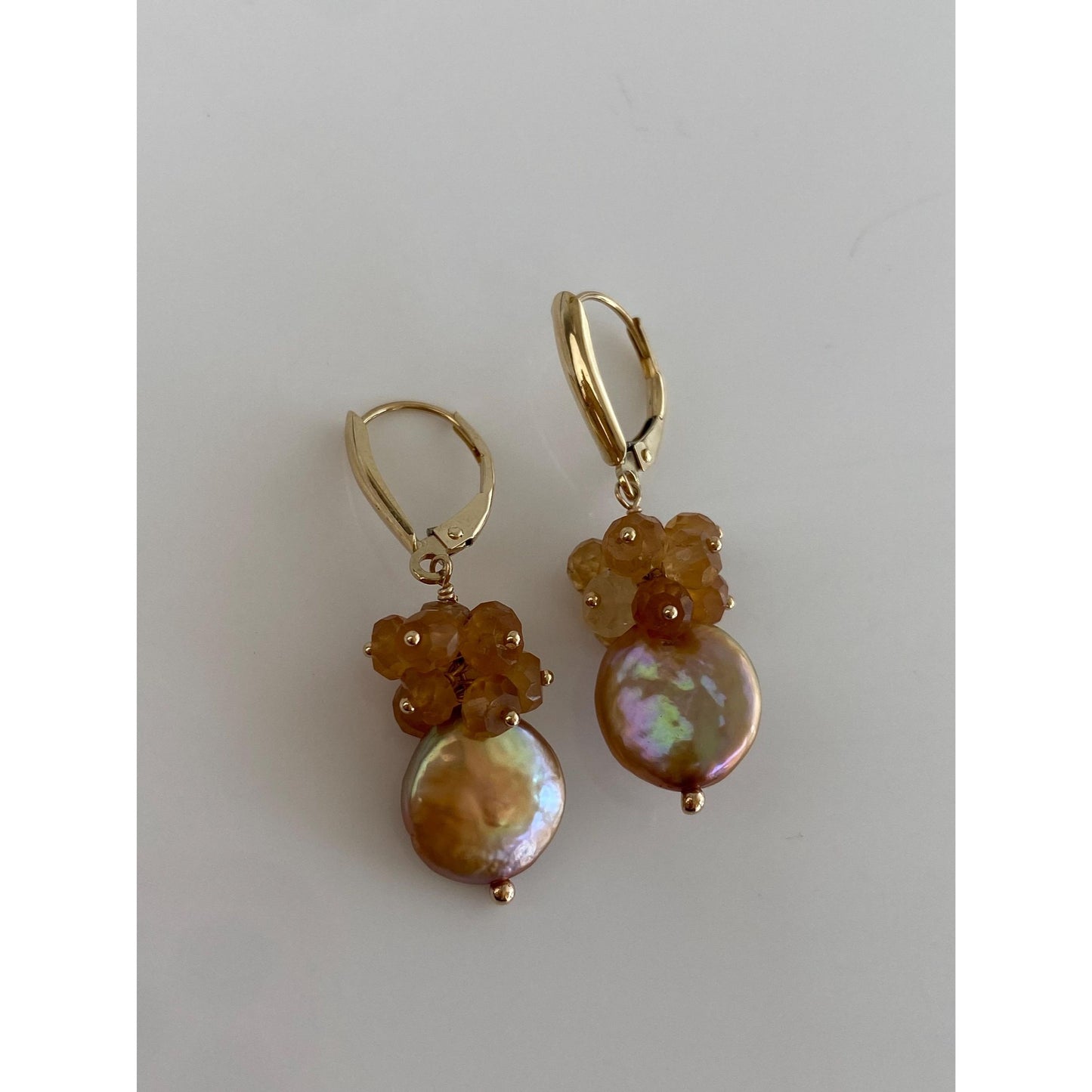 Vintage Solid 14k Yellow Gold Citrine Pink Pearl Dangle Earrings