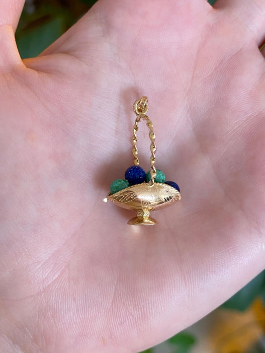 Vintage Solid 18k Yellow Gold Blue & Green Speckled Enamel Beads Engraved Basket Charm