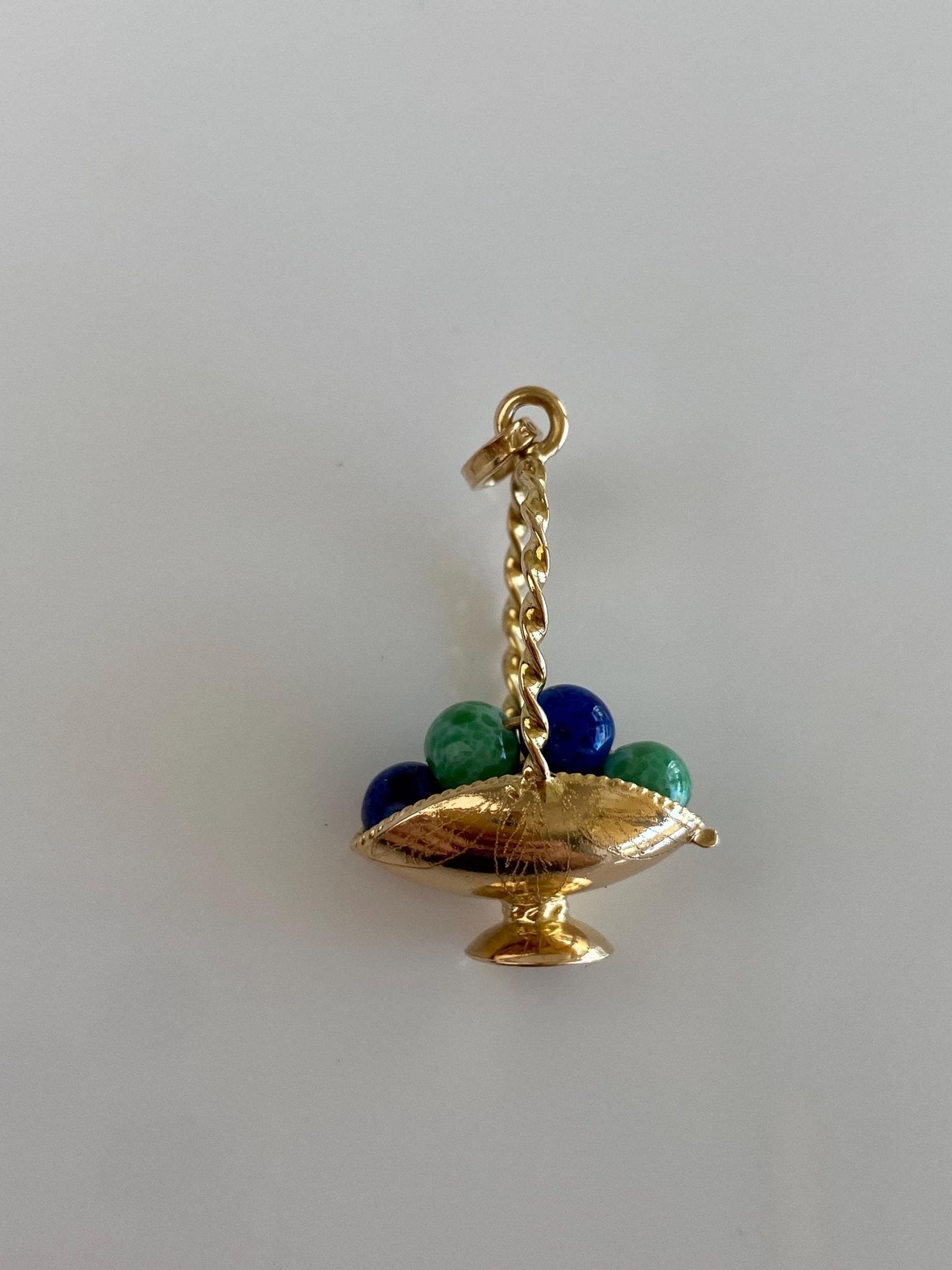 Vintage Solid 18k Yellow Gold Blue & Green Speckled Enamel Beads Engraved Basket Charm