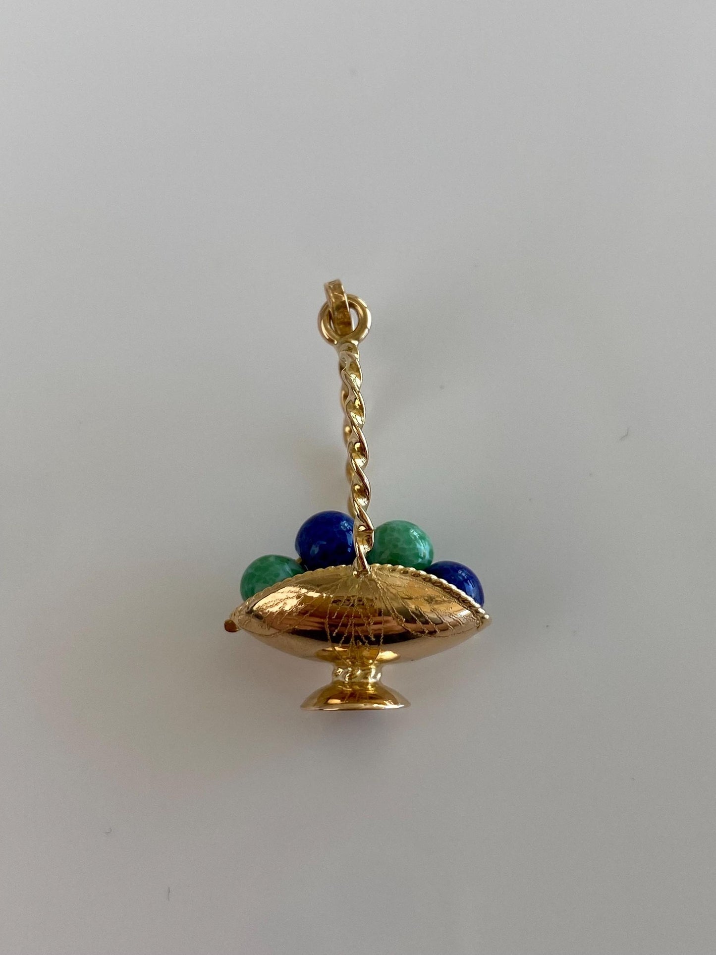 Vintage Solid 18k Yellow Gold Blue & Green Speckled Enamel Beads Engraved Basket Charm