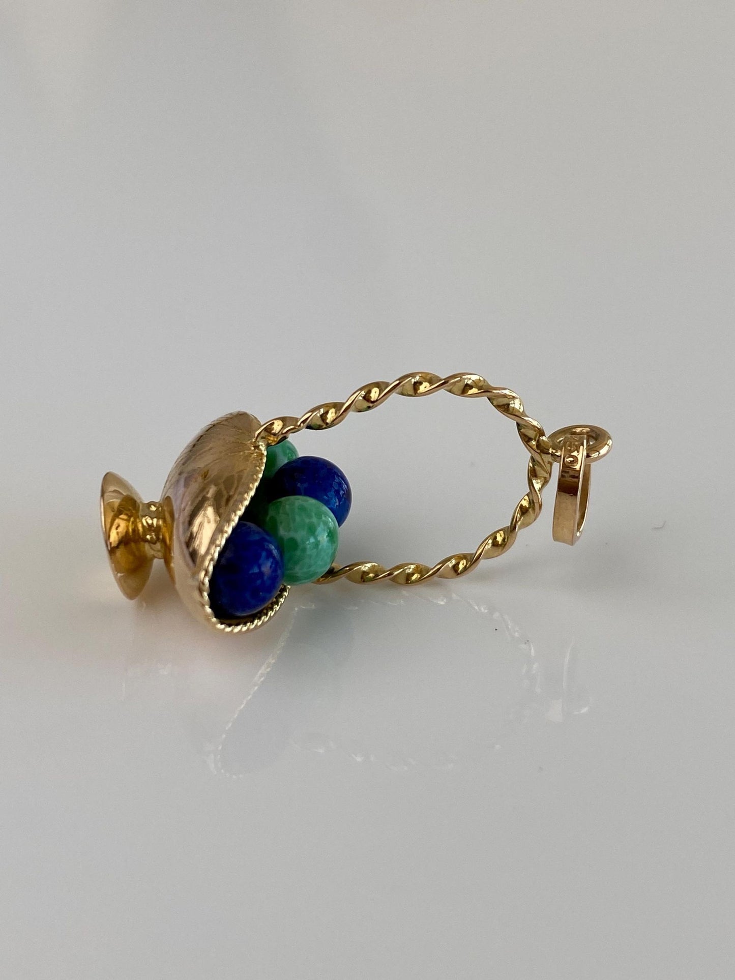 Vintage Solid 18k Yellow Gold Blue & Green Speckled Enamel Beads Engraved Basket Charm