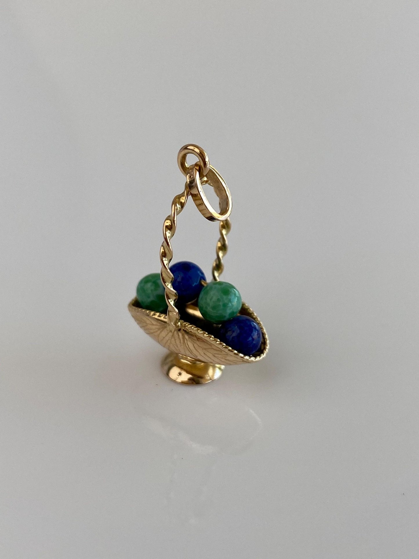 Vintage Solid 18k Yellow Gold Blue & Green Speckled Enamel Beads Engraved Basket Charm