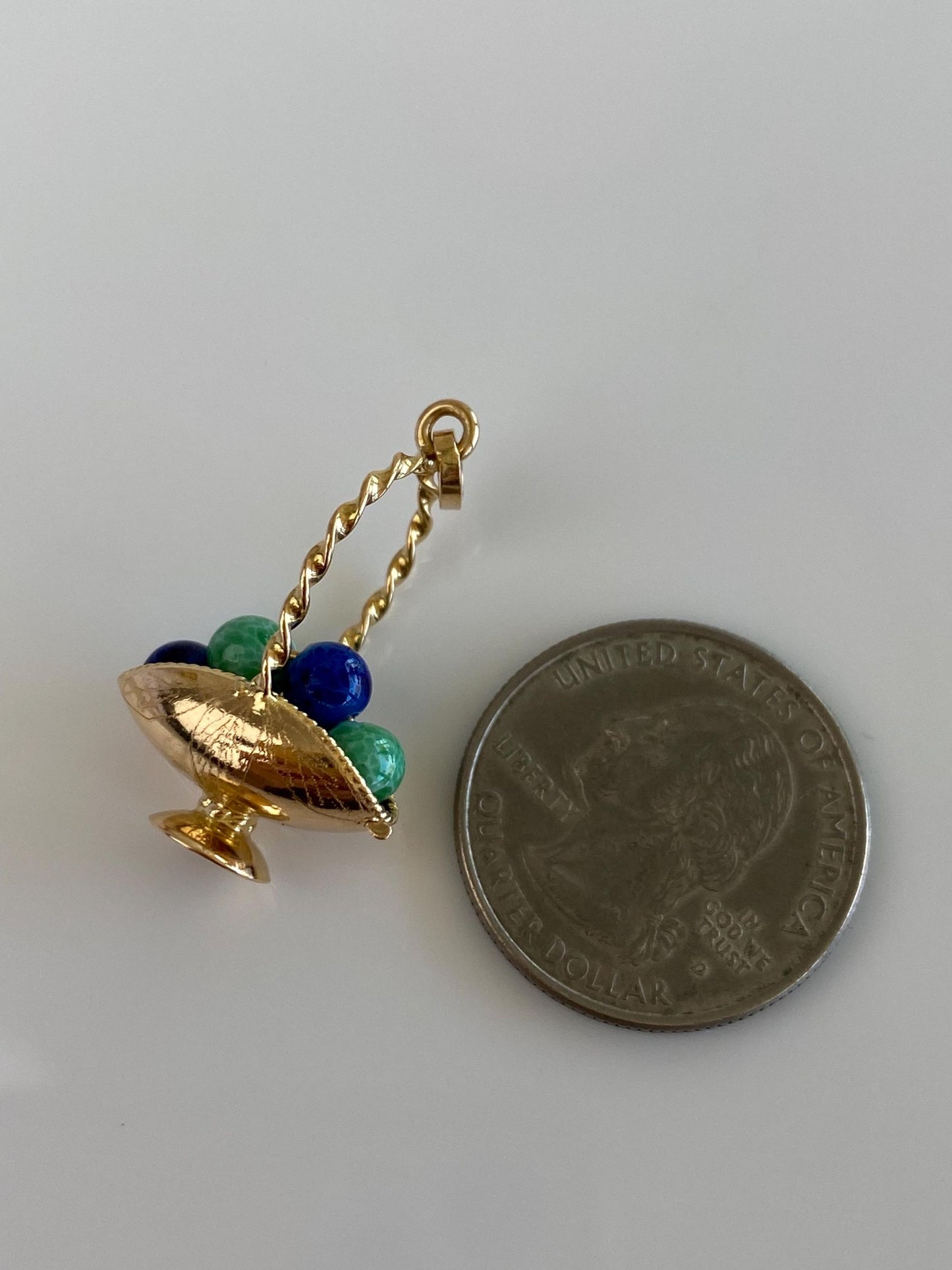 Vintage Solid 18k Yellow Gold Blue & Green Speckled Enamel Beads Engraved Basket Charm
