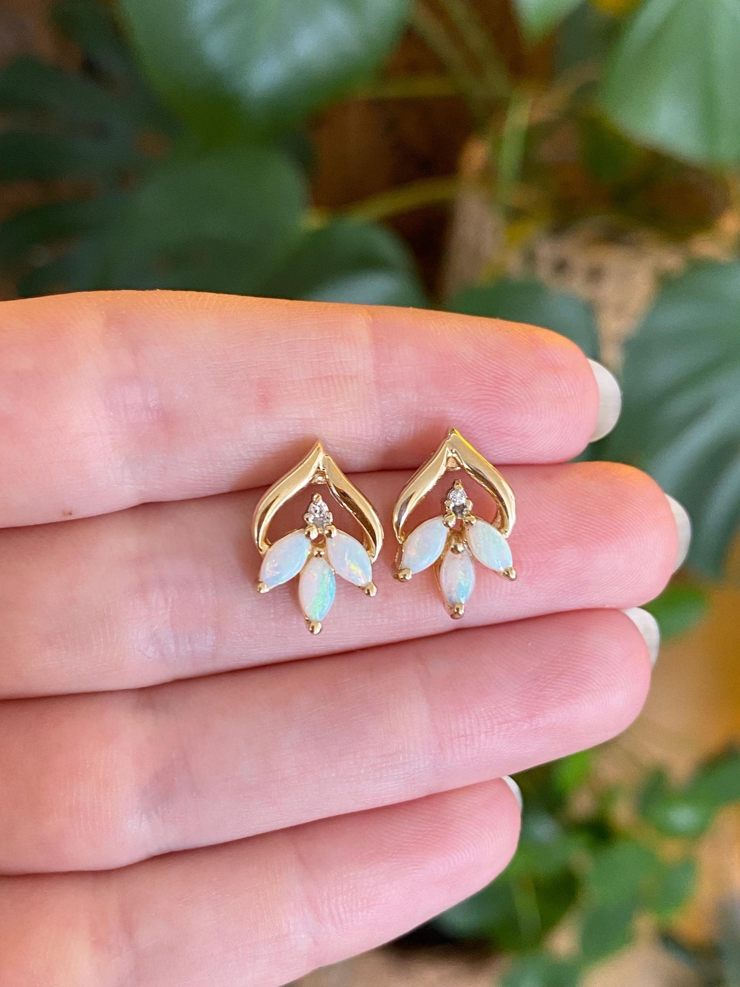 Vintage Solid 14k Yellow Gold Opal Diamond Stud Earrings