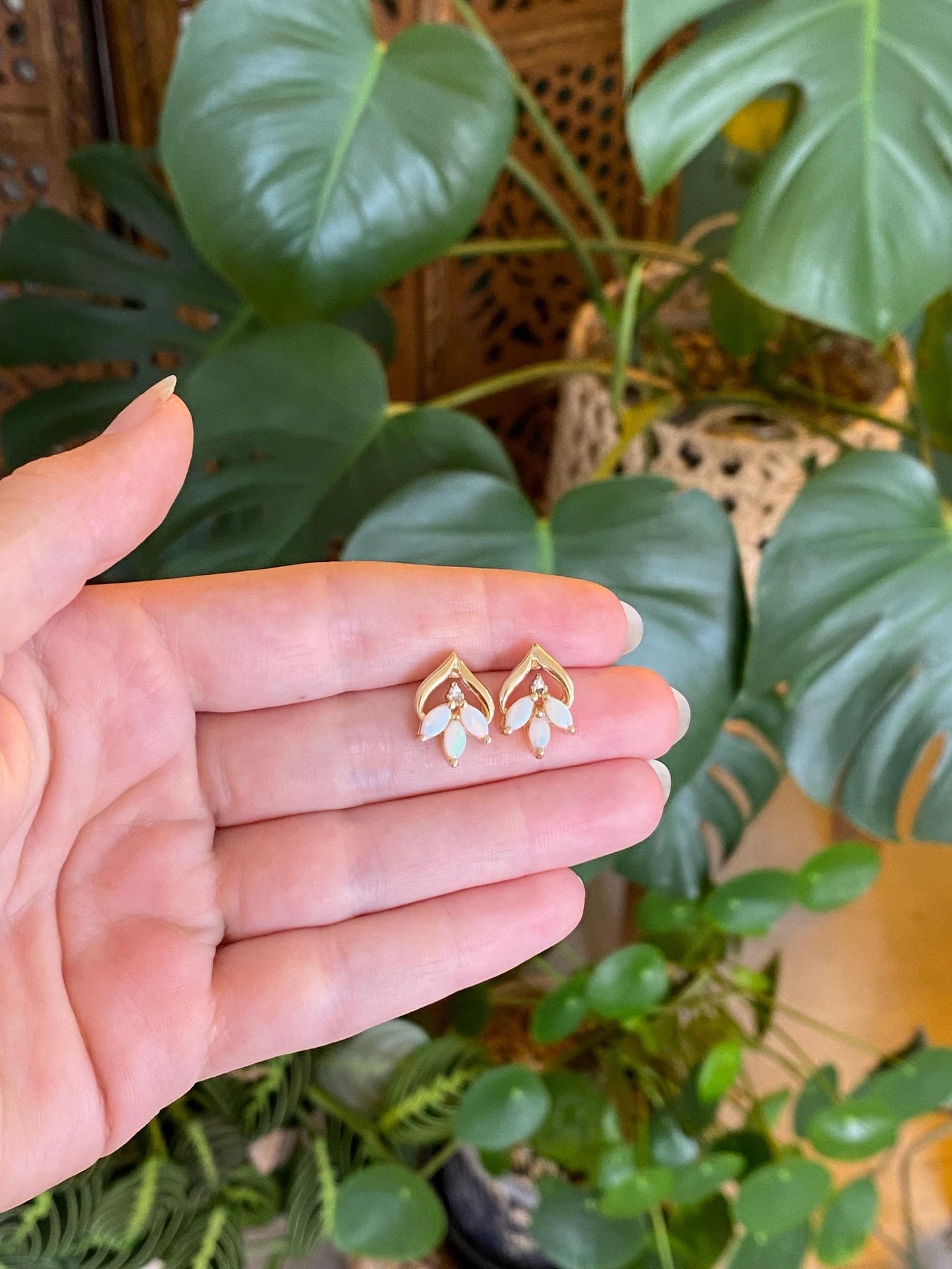 Vintage Solid 14k Yellow Gold Opal Diamond Stud Earrings