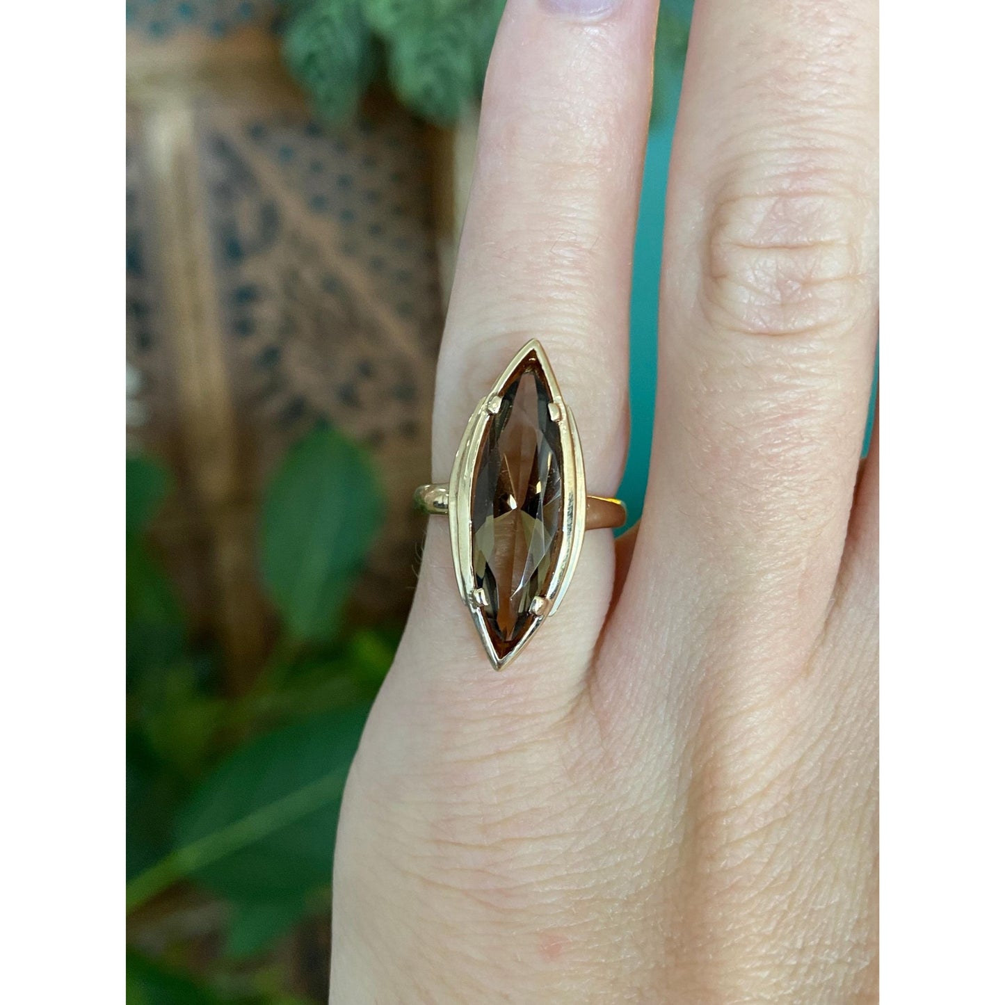 Vintage Solid 10k Yellow Gold Smokey Quartz Marquise Ring - Size 3.75