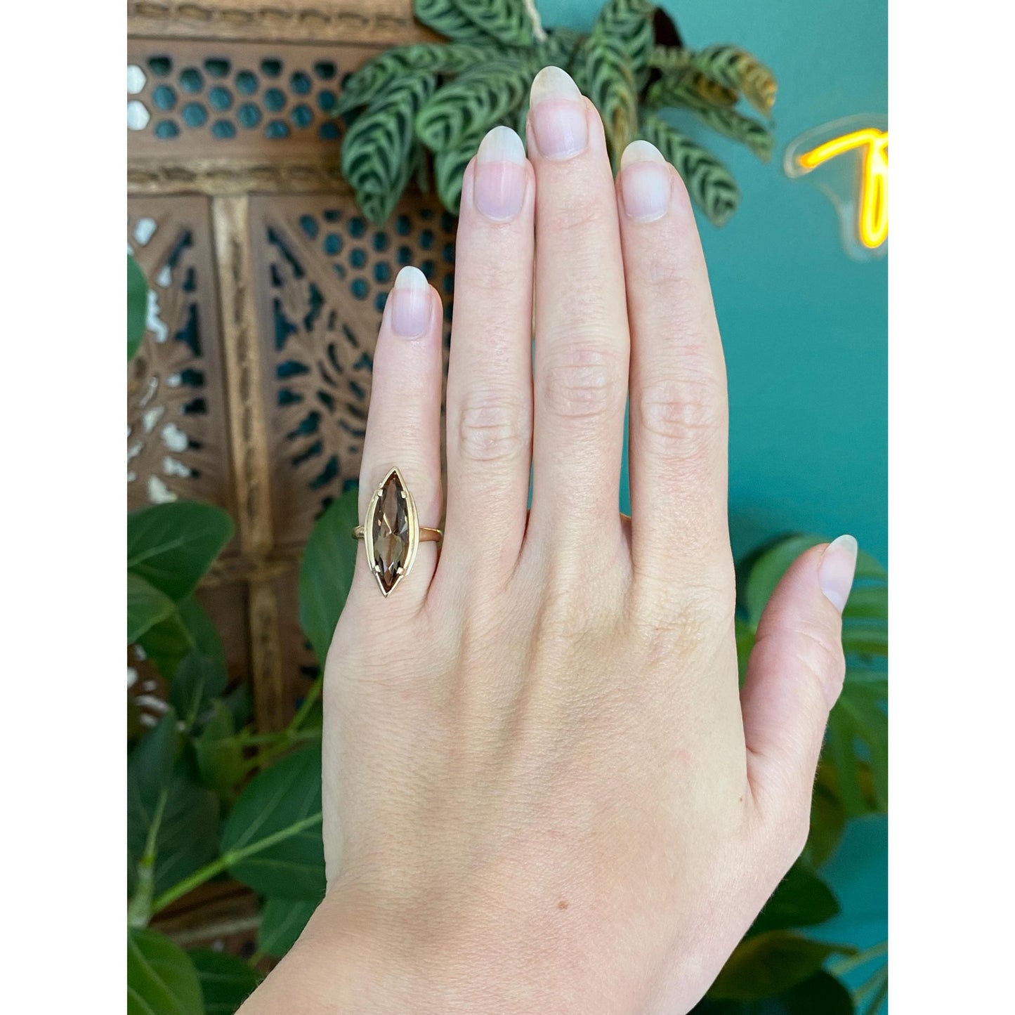 Vintage Solid 10k Yellow Gold Smokey Quartz Marquise Ring - Size 3.75