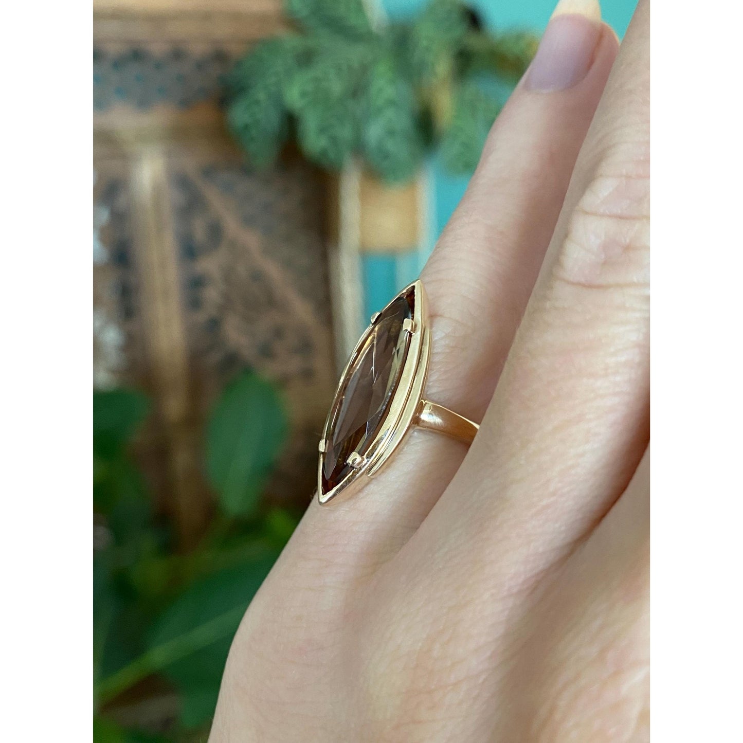 Vintage Solid 10k Yellow Gold Smokey Quartz Marquise Ring - Size 3.75