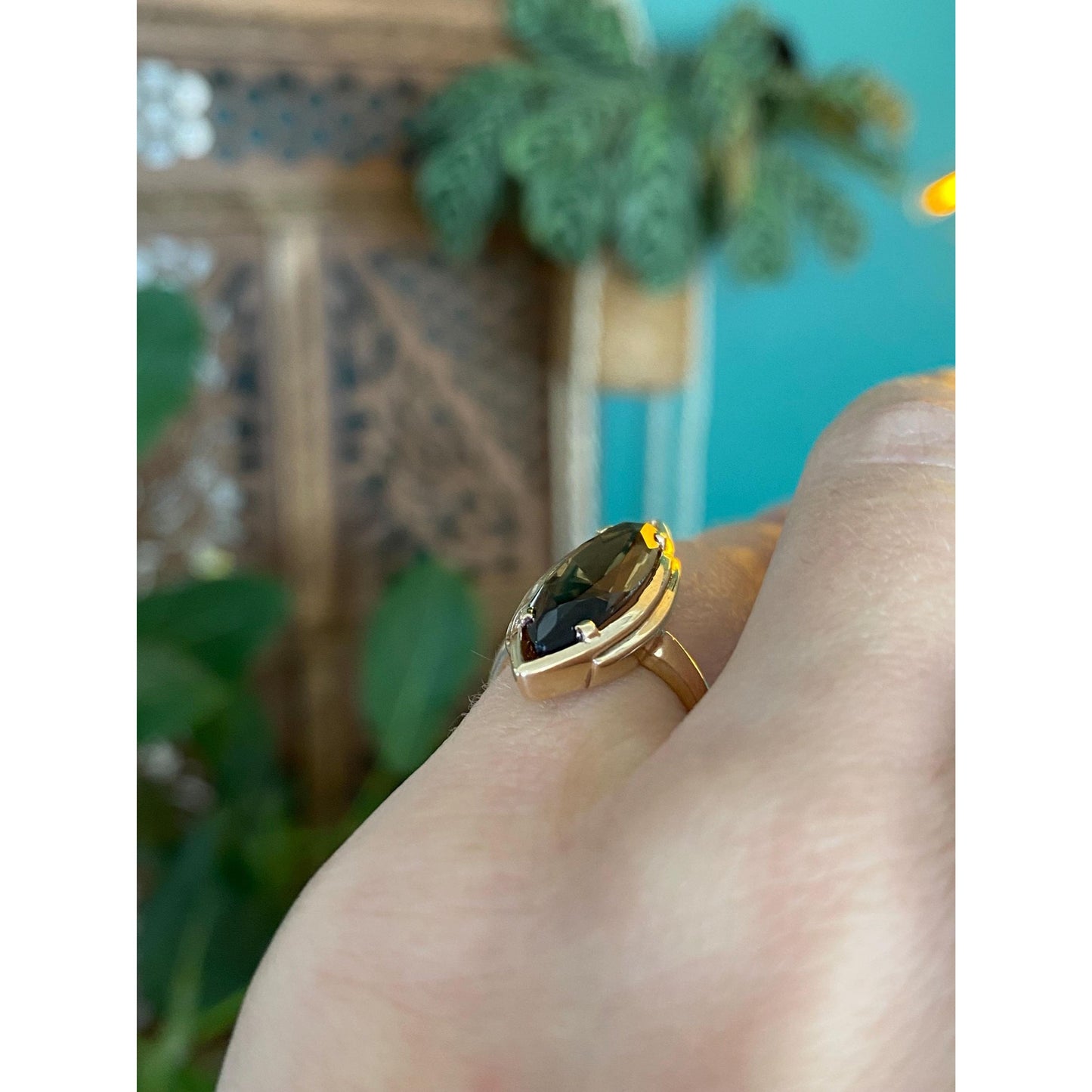 Vintage Solid 10k Yellow Gold Smokey Quartz Marquise Ring - Size 3.75