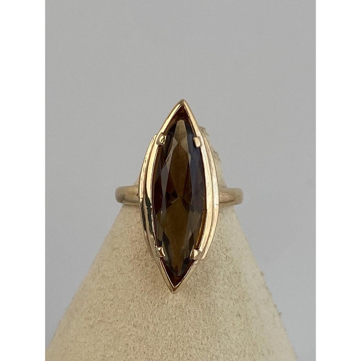 Vintage Solid 10k Yellow Gold Smokey Quartz Marquise Ring - Size 3.75