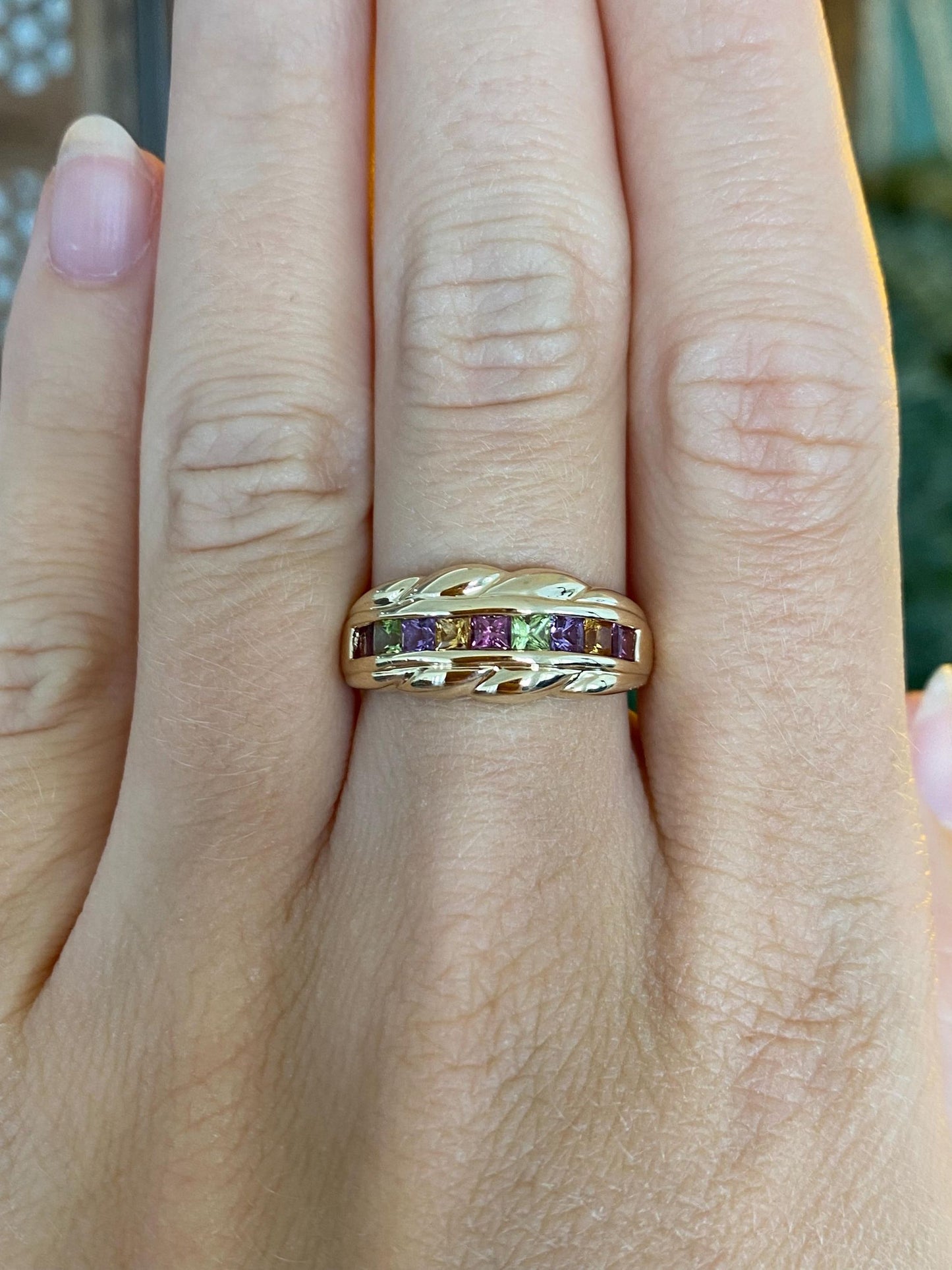 Solid 14k Yellow Gold Peridot Pink Tourmaline Citrine Amethyst Ring Band - Size 7