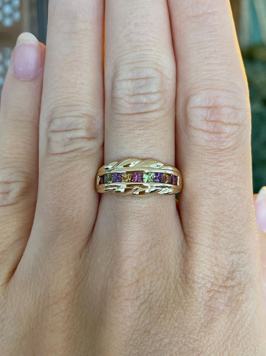 Solid 14k Yellow Gold Peridot Pink Tourmaline Citrine Amethyst Ring Band - Size 7