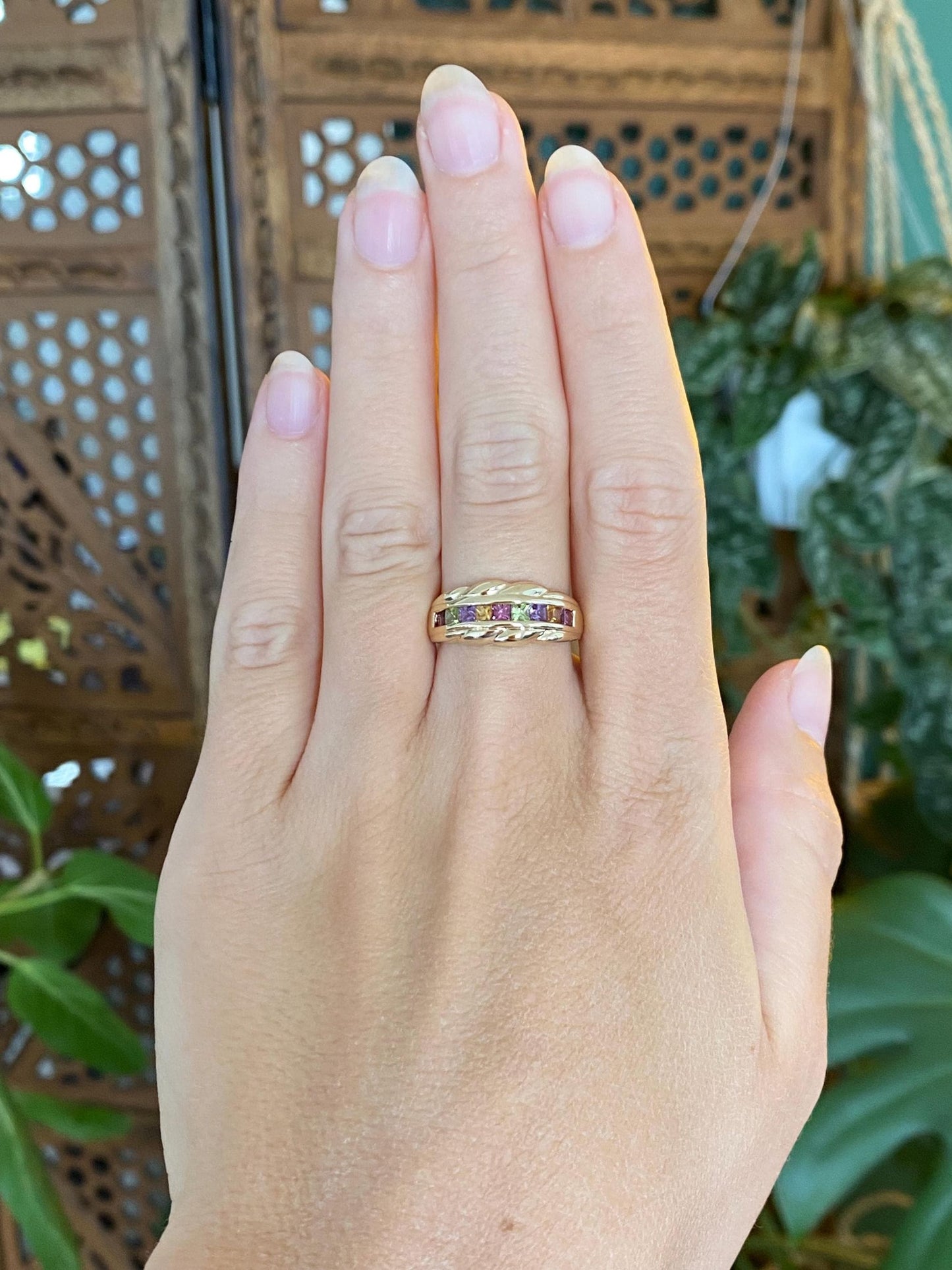Solid 14k Yellow Gold Peridot Pink Tourmaline Citrine Amethyst Ring Band - Size 7