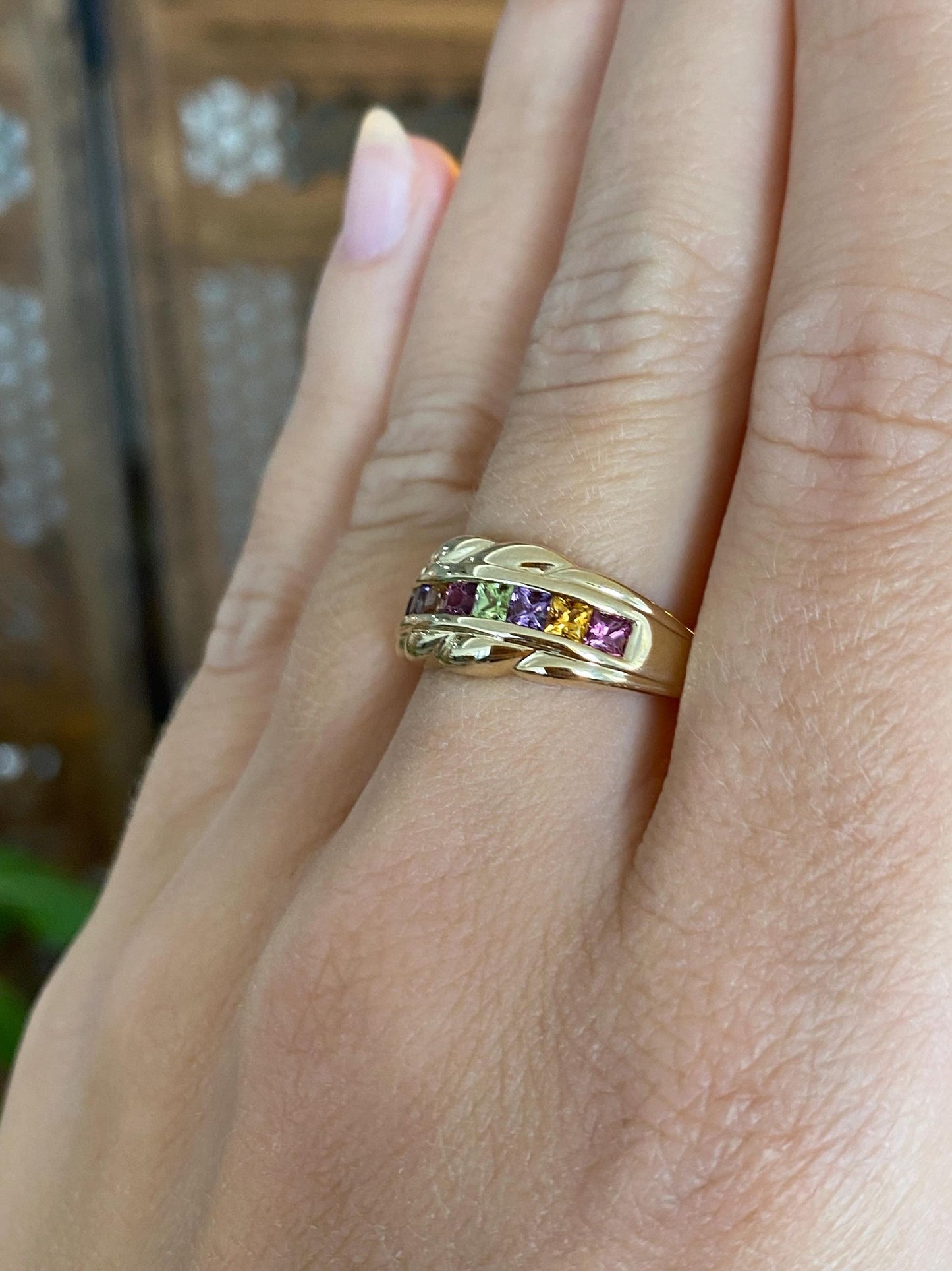 Solid 14k Yellow Gold Peridot Pink Tourmaline Citrine Amethyst Ring Band - Size 7