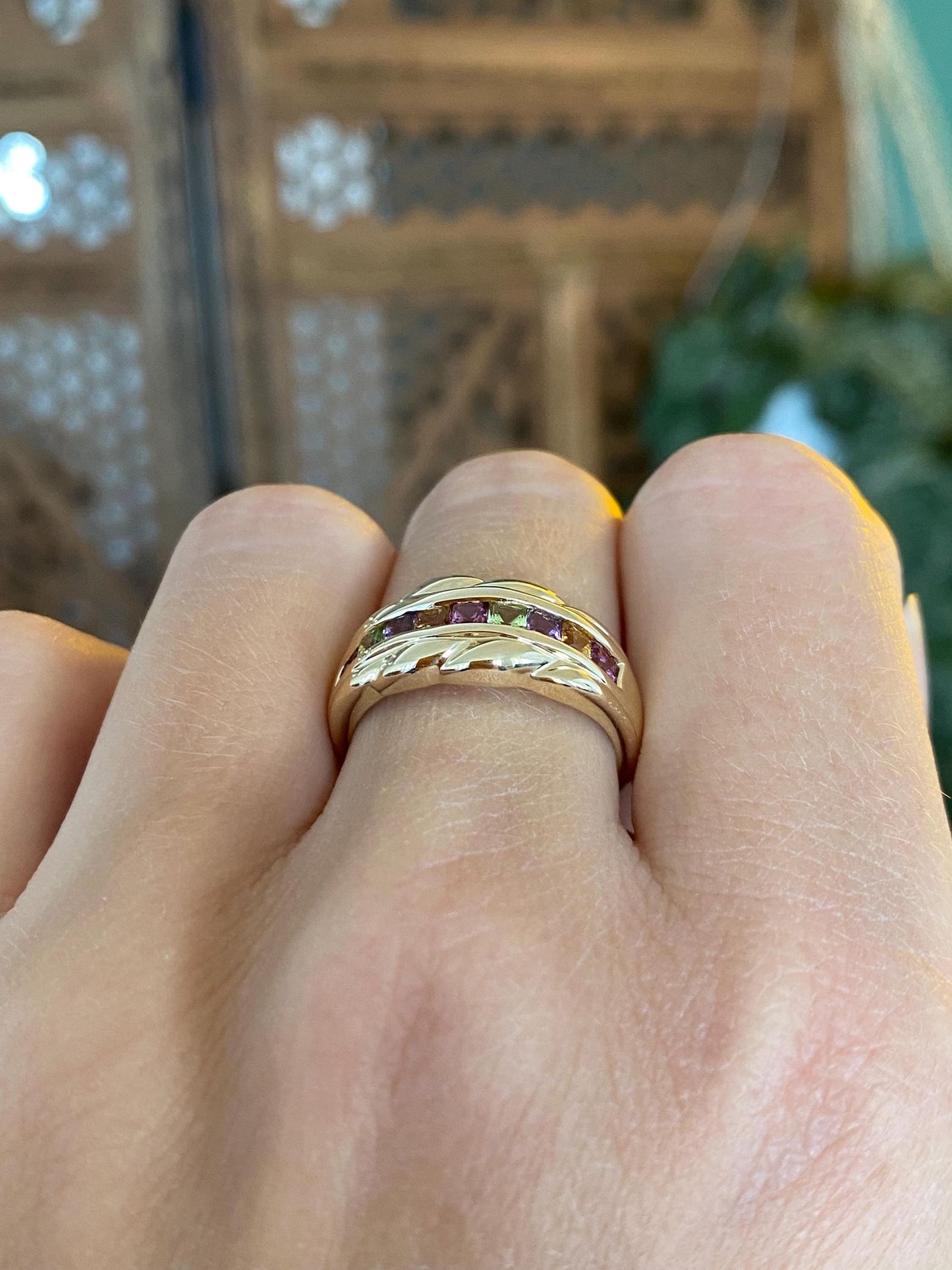 Solid 14k Yellow Gold Peridot Pink Tourmaline Citrine Amethyst Ring Band - Size 7