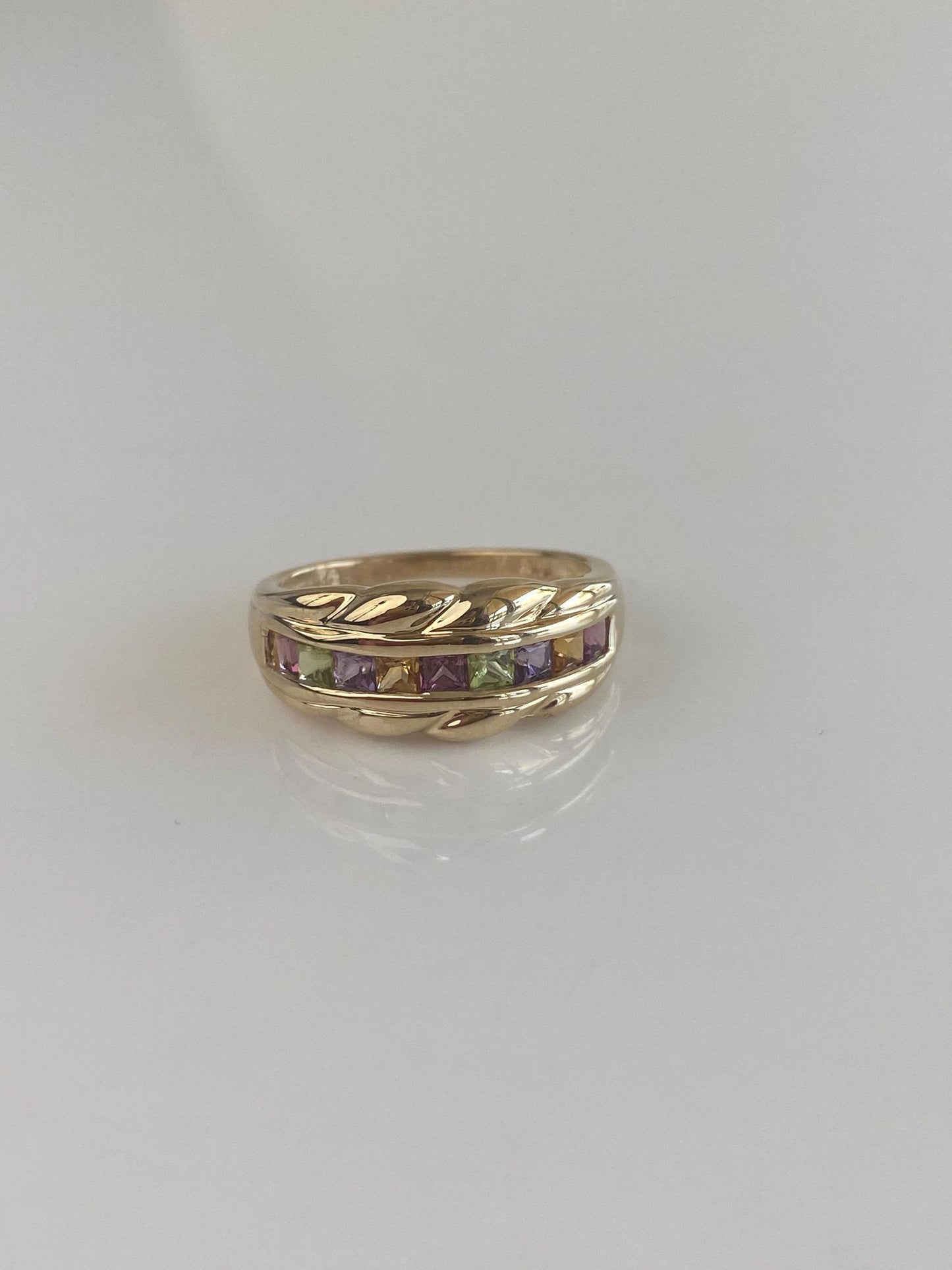 Solid 14k Yellow Gold Peridot Pink Tourmaline Citrine Amethyst Ring Band - Size 7