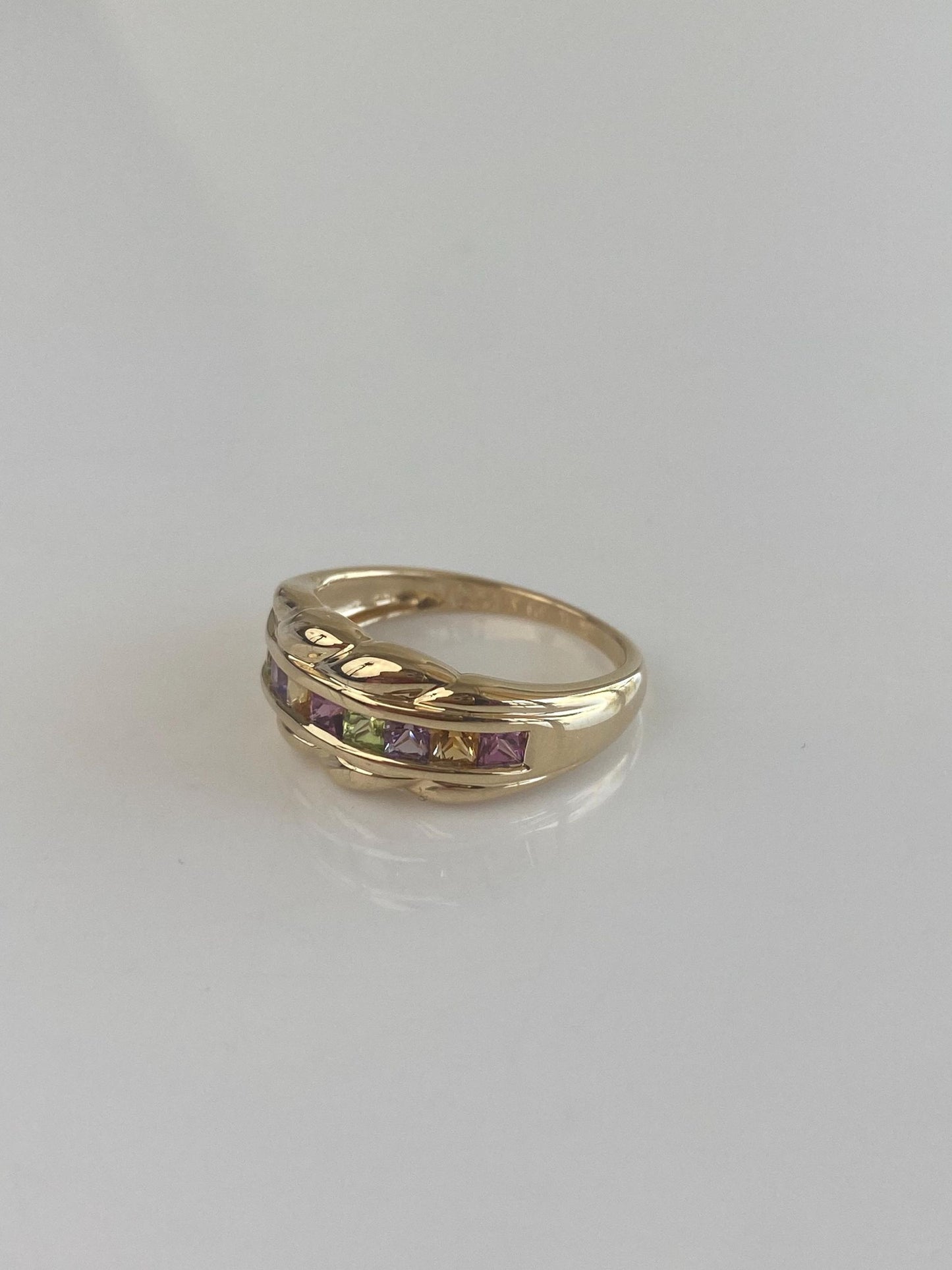 Solid 14k Yellow Gold Peridot Pink Tourmaline Citrine Amethyst Ring Band - Size 7