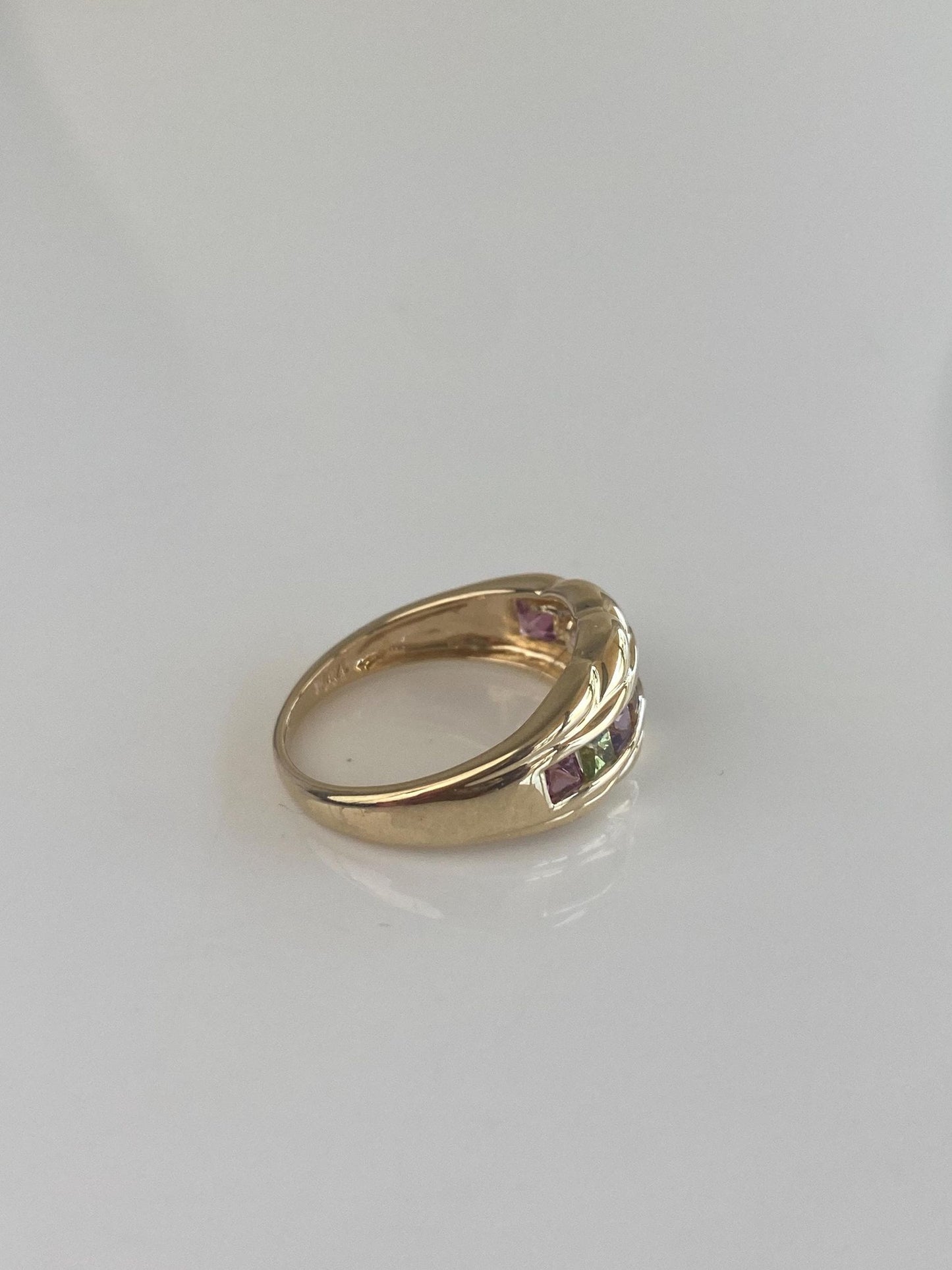 Solid 14k Yellow Gold Peridot Pink Tourmaline Citrine Amethyst Ring Band - Size 7