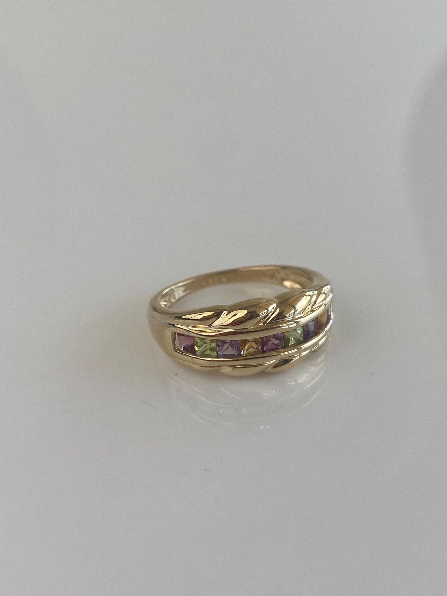 Solid 14k Yellow Gold Peridot Pink Tourmaline Citrine Amethyst Ring Band - Size 7