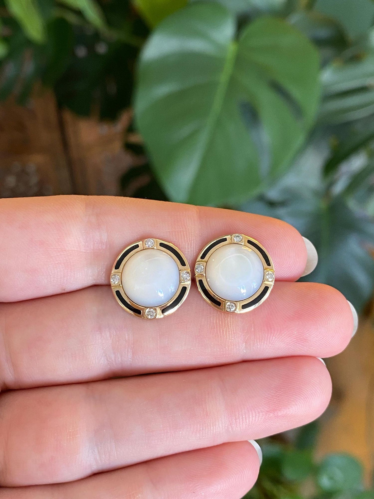Vintage Solid 14k Yellow Gold Black Enamel Diamonds Mother of Pearl Stud Earrings