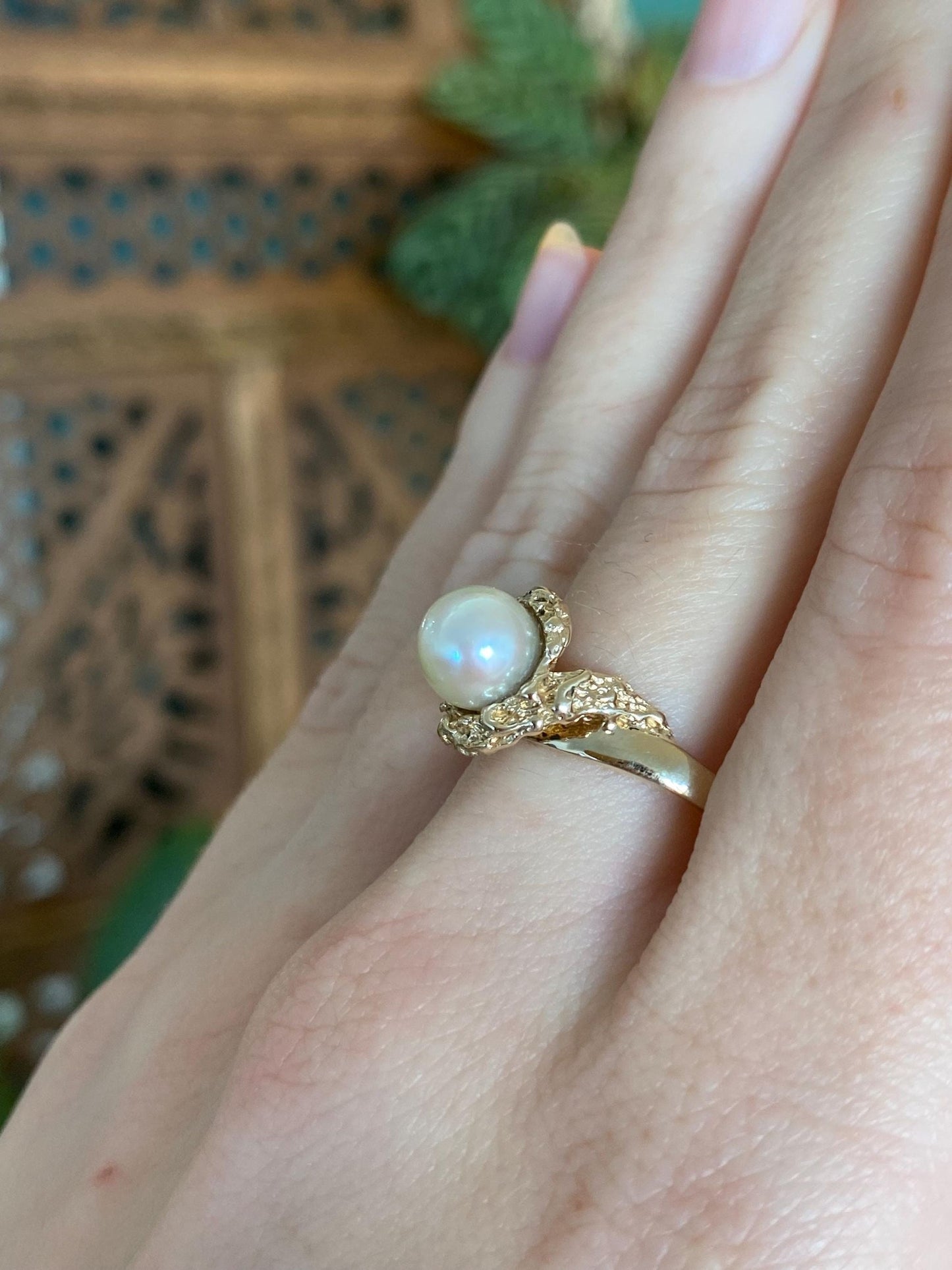 Vintage Solid 14k Yellow Gold Pearl Ring - Size 9