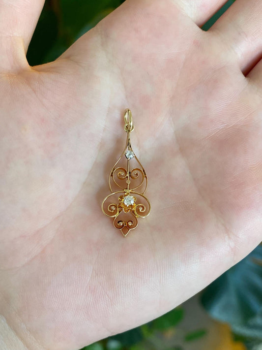 Vintage Solid 10k Yellow Gold Diamonds Filigree Charm