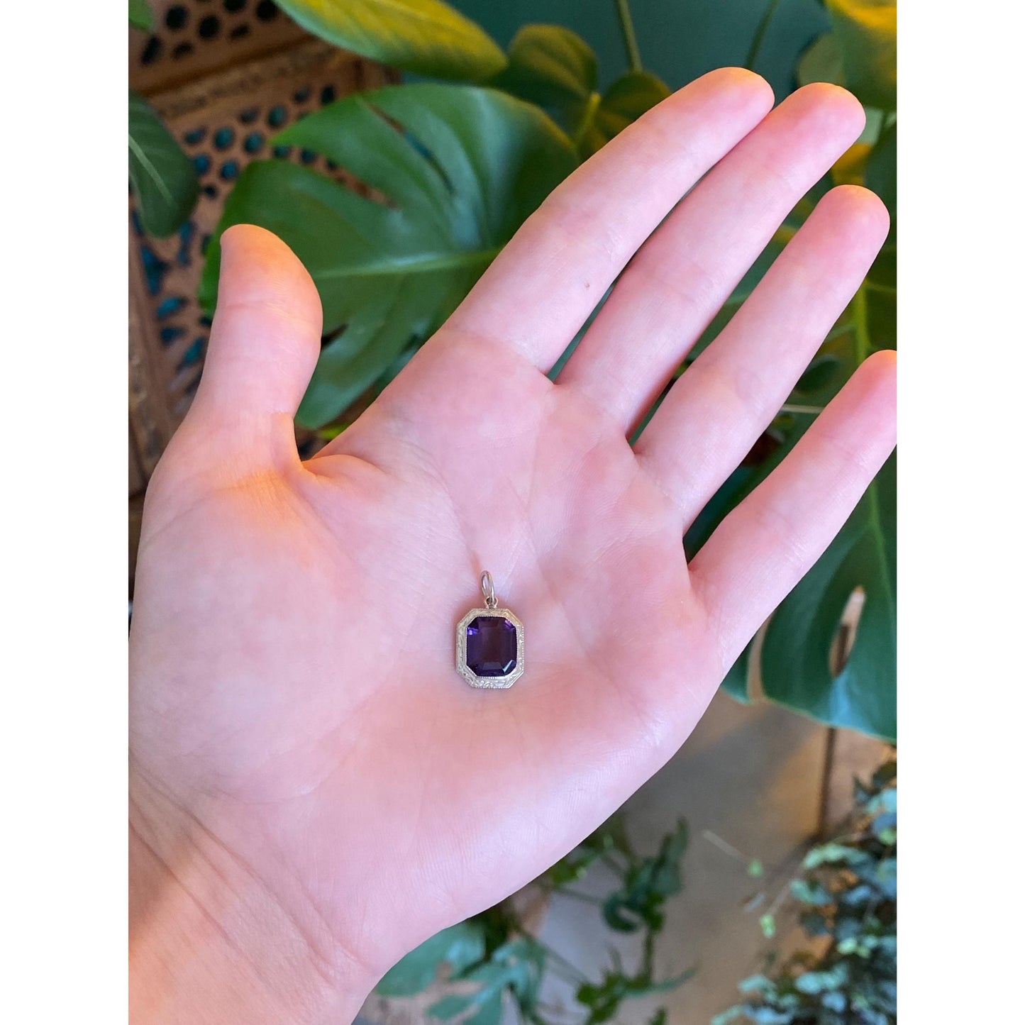 Solid 14k White Gold Purple Cubic Zirconia Art Deco Charm