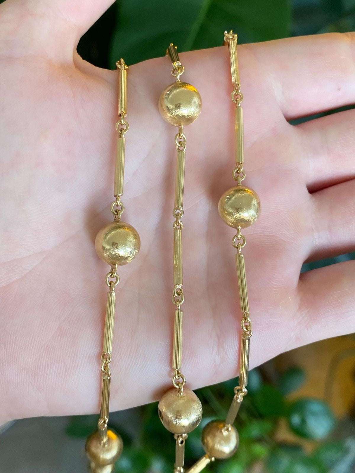 Vintage 18k Yellow Gold Satin Ball Lined Bar Link Necklace - 31.25 inches