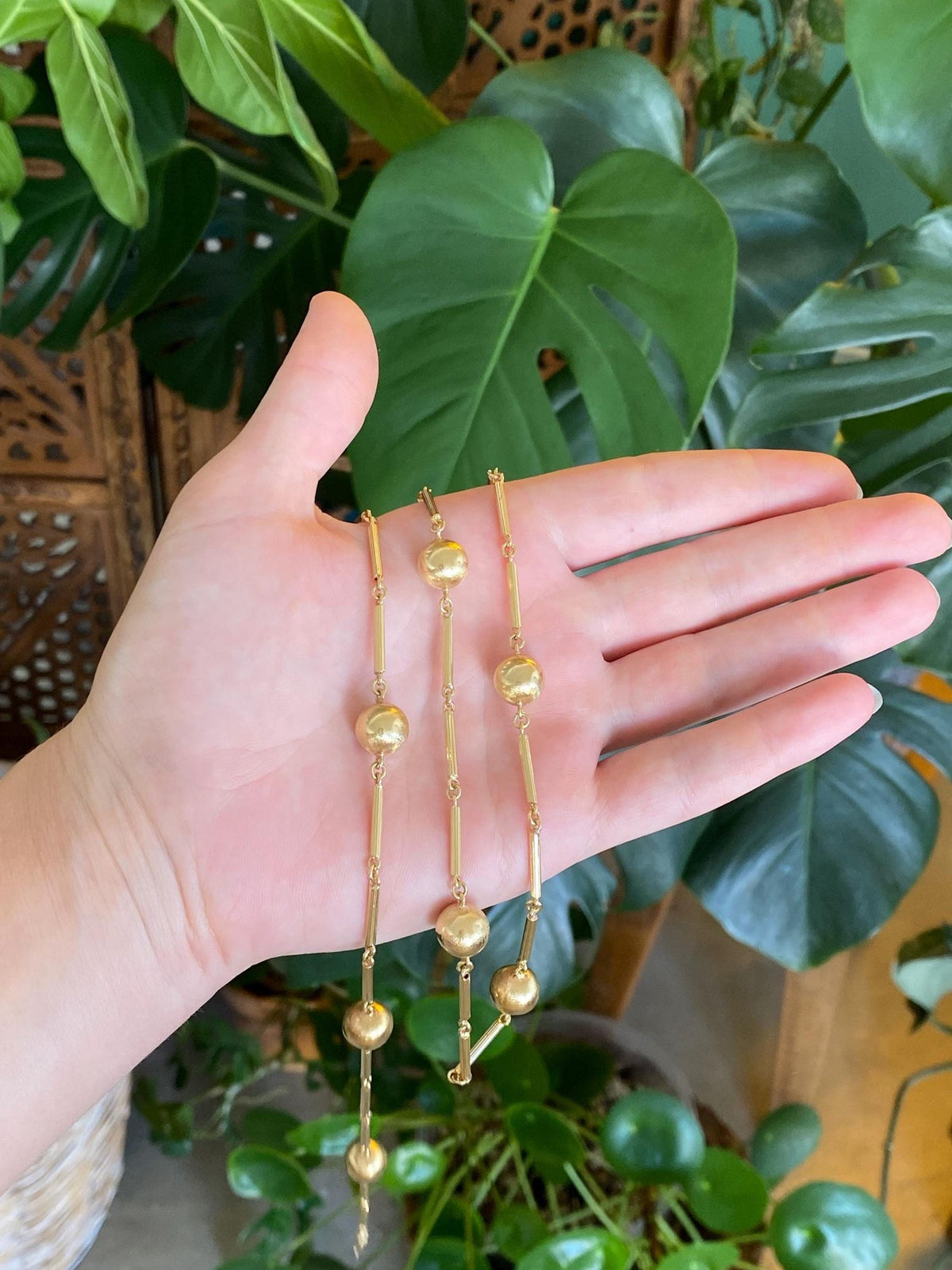 Vintage 18k Yellow Gold Satin Ball Lined Bar Link Necklace - 31.25 inches