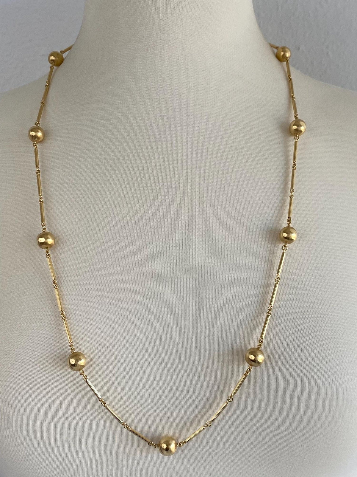Vintage 18k Yellow Gold Satin Ball Lined Bar Link Necklace - 31.25 inches