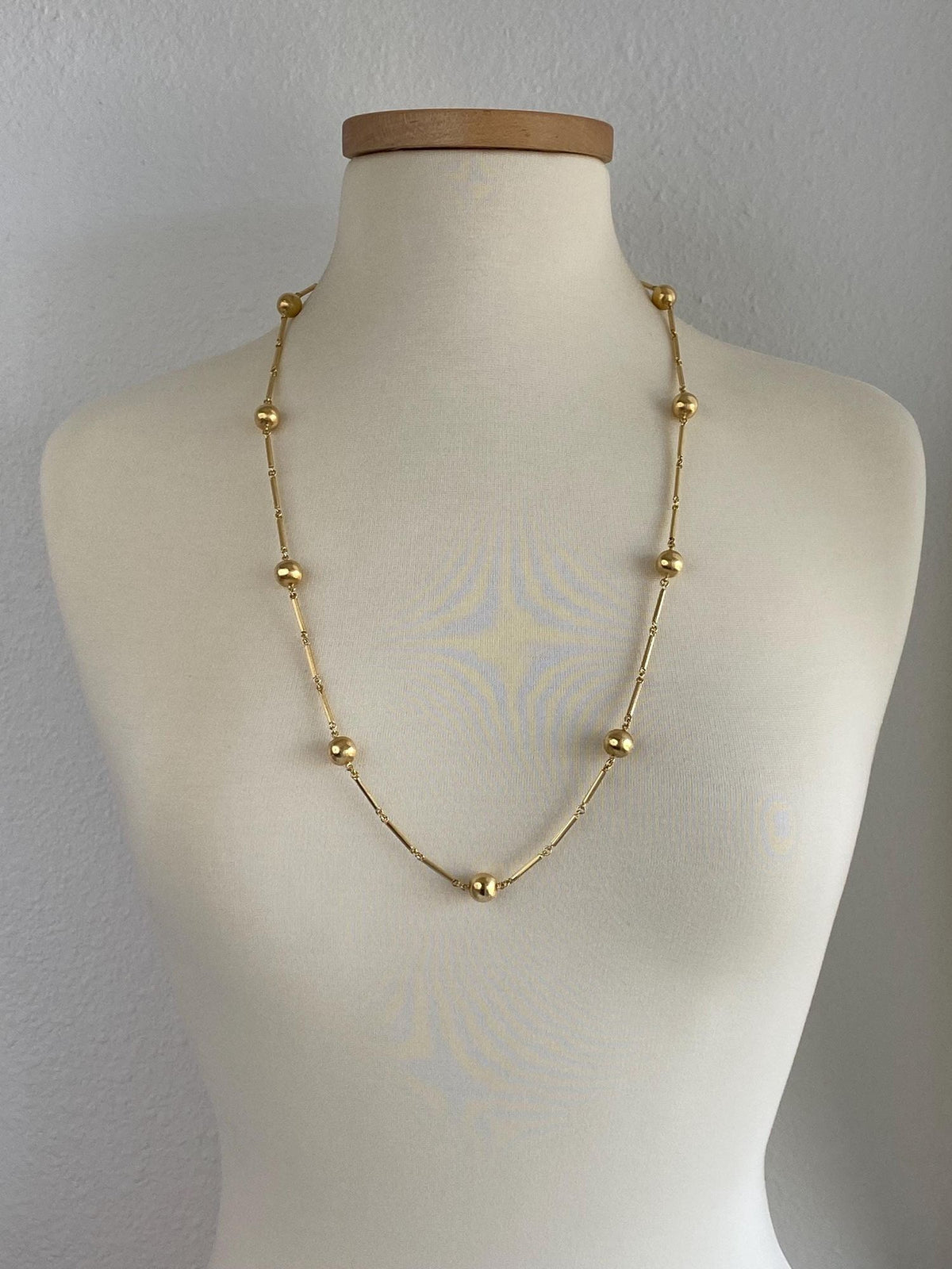 Vintage 18k Yellow Gold Satin Ball Lined Bar Link Necklace - 31.25 inches