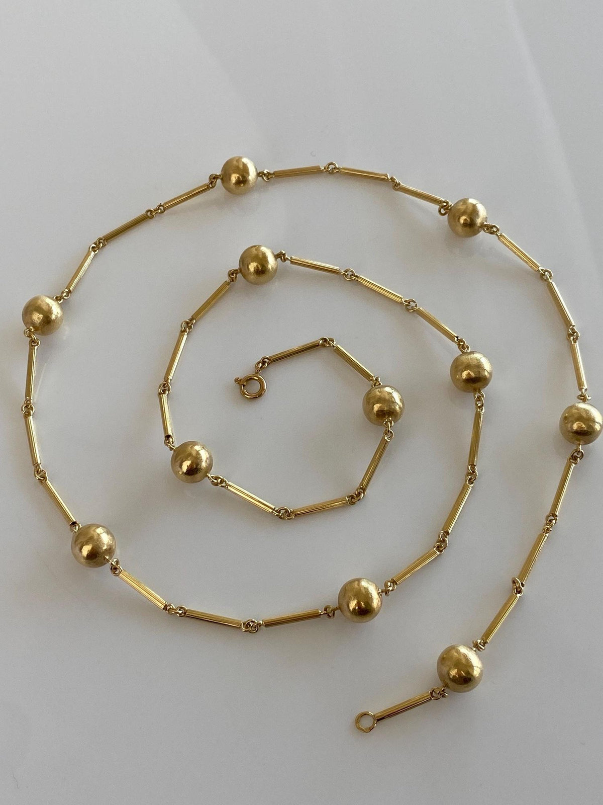Vintage 18k Yellow Gold Satin Ball Lined Bar Link Necklace - 31.25 inches