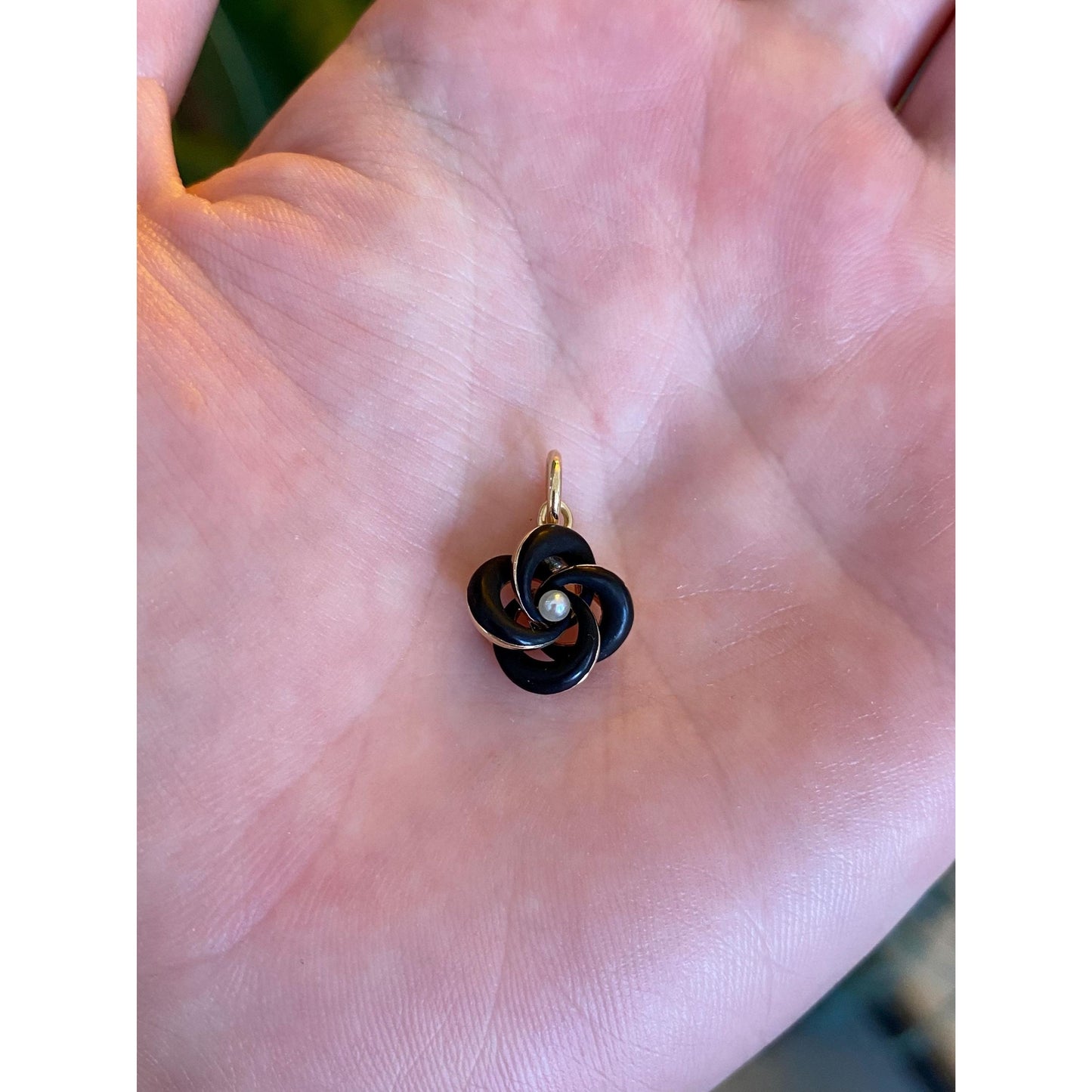 Vintage 14k Yellow Gold Seed Pearl Black Enamel Knot Charm