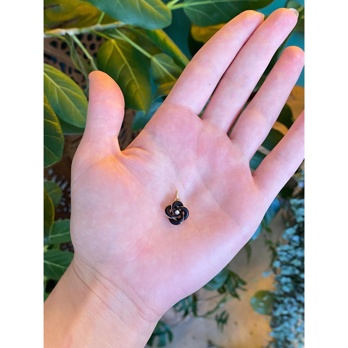 Vintage 14k Yellow Gold Seed Pearl Black Enamel Knot Charm