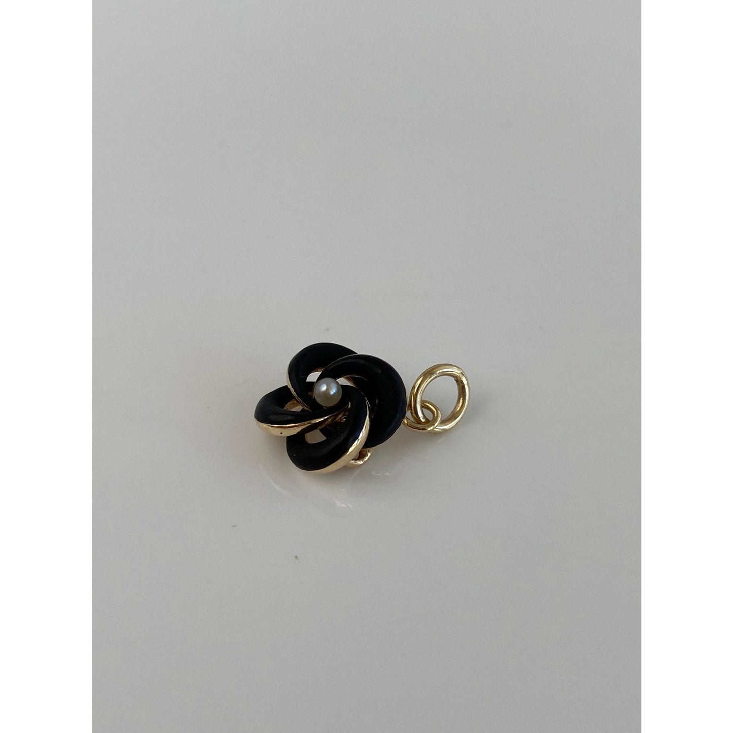 Vintage 14k Yellow Gold Seed Pearl Black Enamel Knot Charm