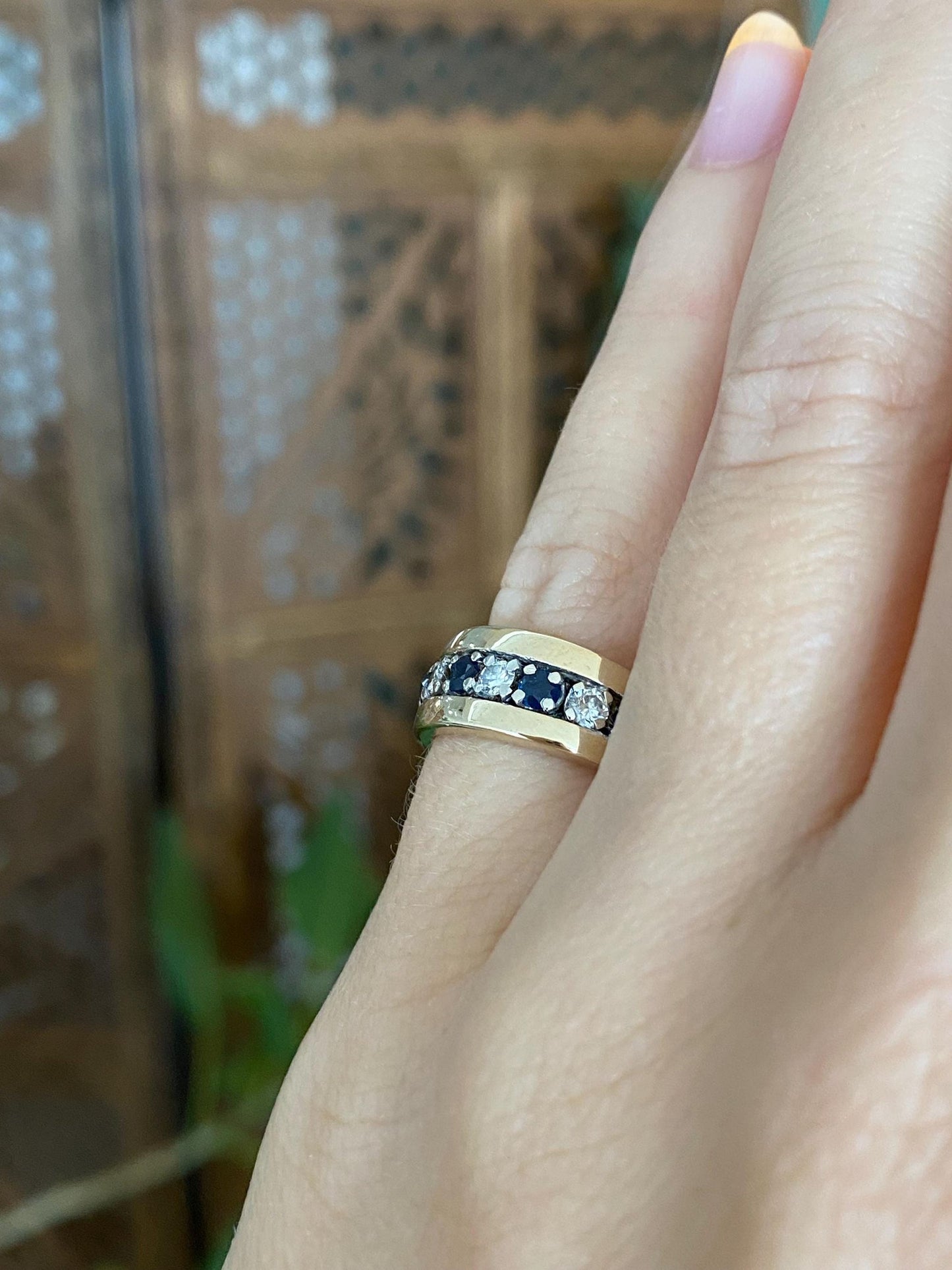 Vintage Solid 14k Yellow Gold Diamond Blue Sapphire Ring Band - Size 4.75