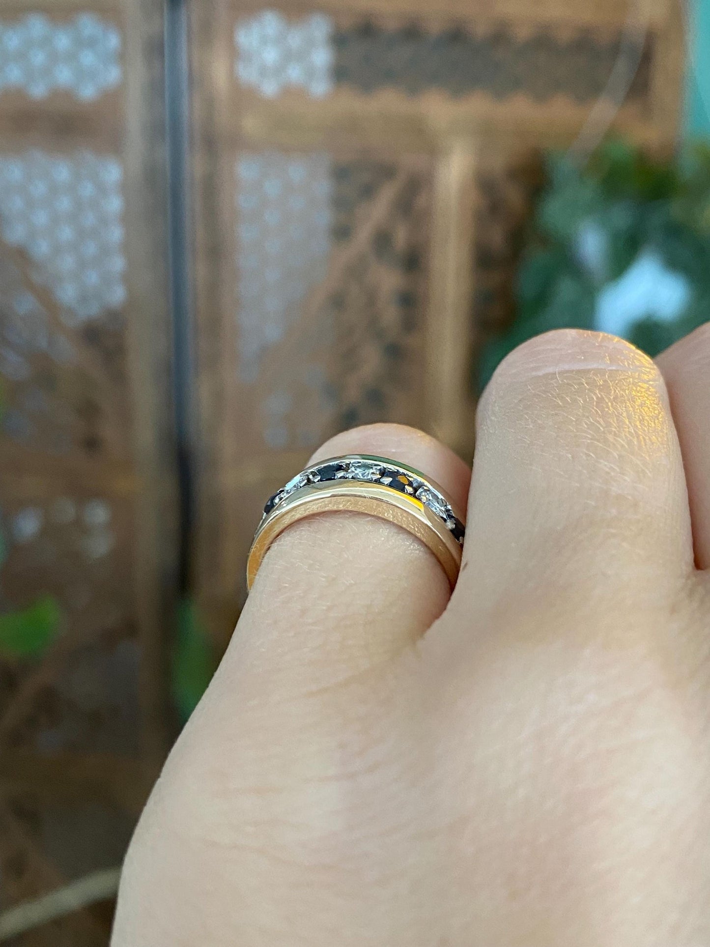 Vintage Solid 14k Yellow Gold Diamond Blue Sapphire Ring Band - Size 4.75
