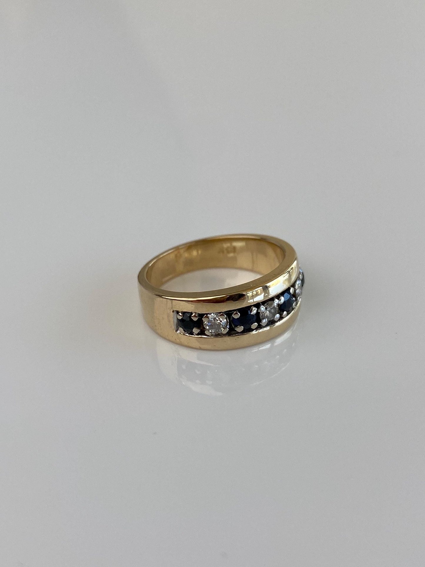 Vintage Solid 14k Yellow Gold Diamond Blue Sapphire Ring Band - Size 4.75