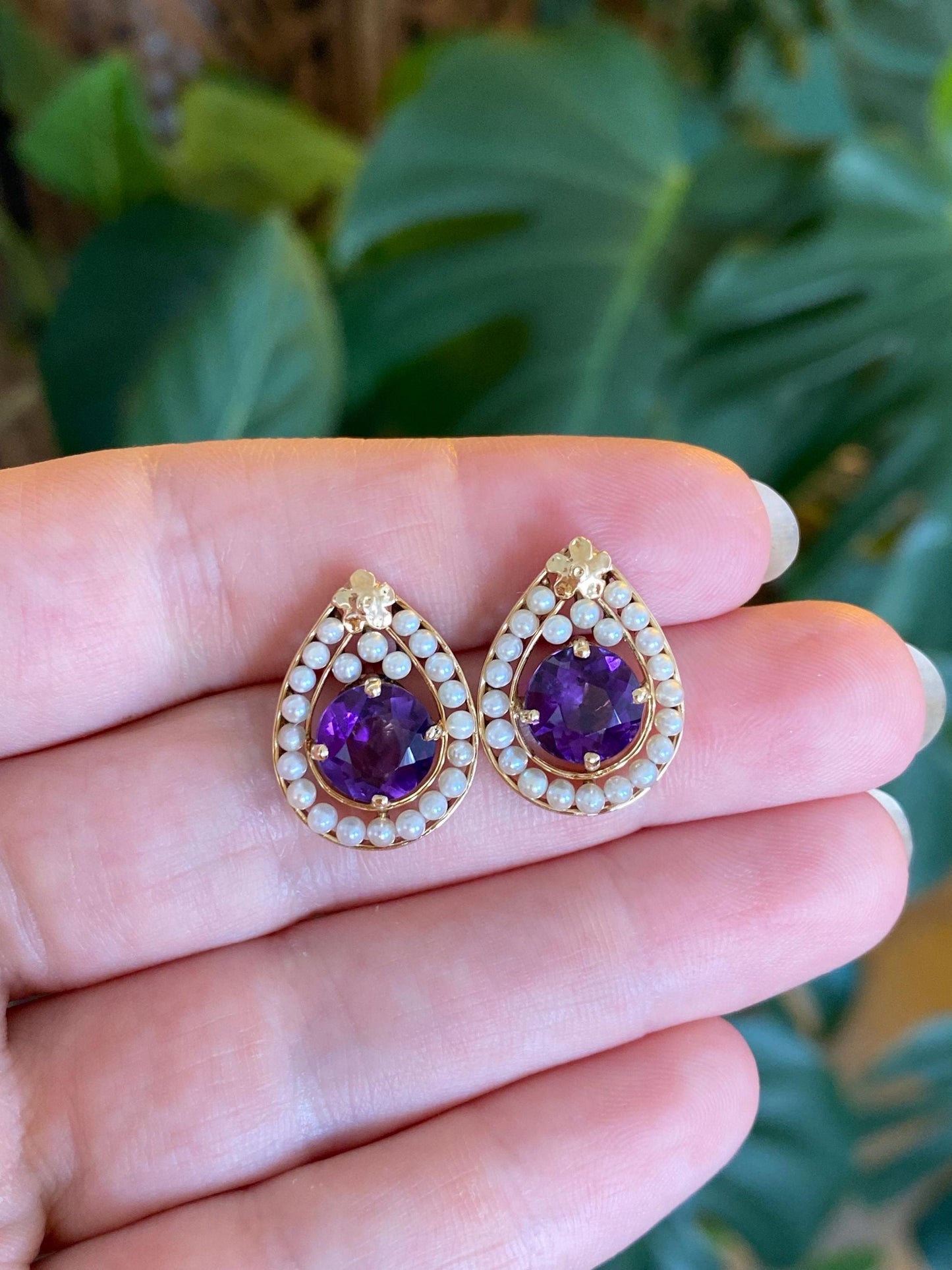 Vintage Solid 14k Yellow Gold Pearl Halo Amethyst Drop Earrings